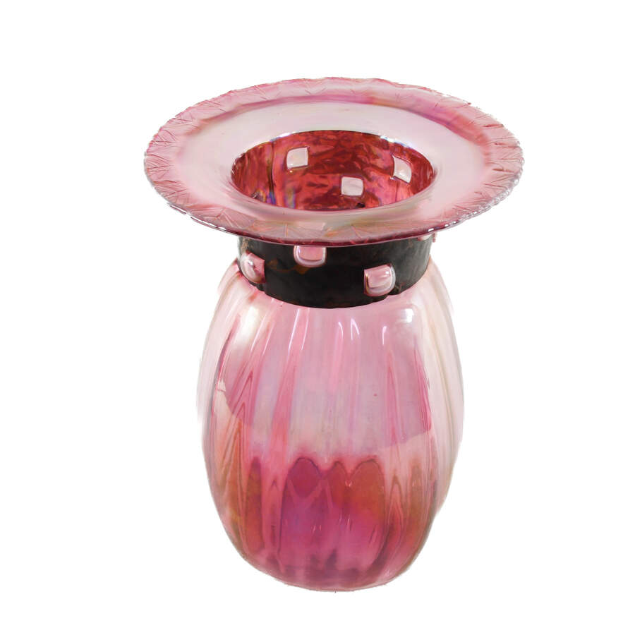 Pair of Blown Iridescent Czech Glass Vases with Copper Collars-4