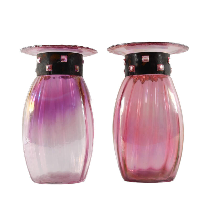 Pair of Blown Iridescent Czech Glass Vases with Copper Collars-3