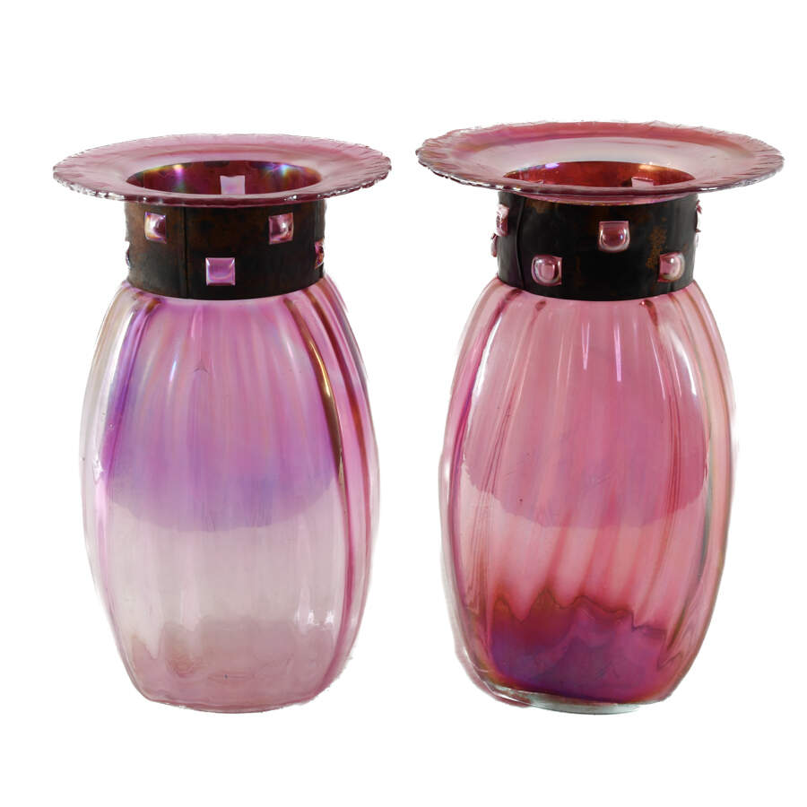 Pair of Blown Iridescent Czech Glass Vases with Copper Collars-2