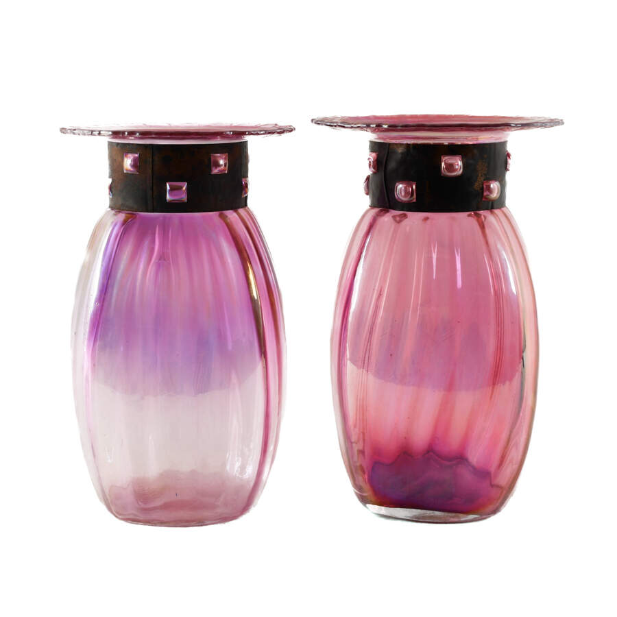 Pair of Blown Iridescent Czech Glass Vases with Copper Collars-1