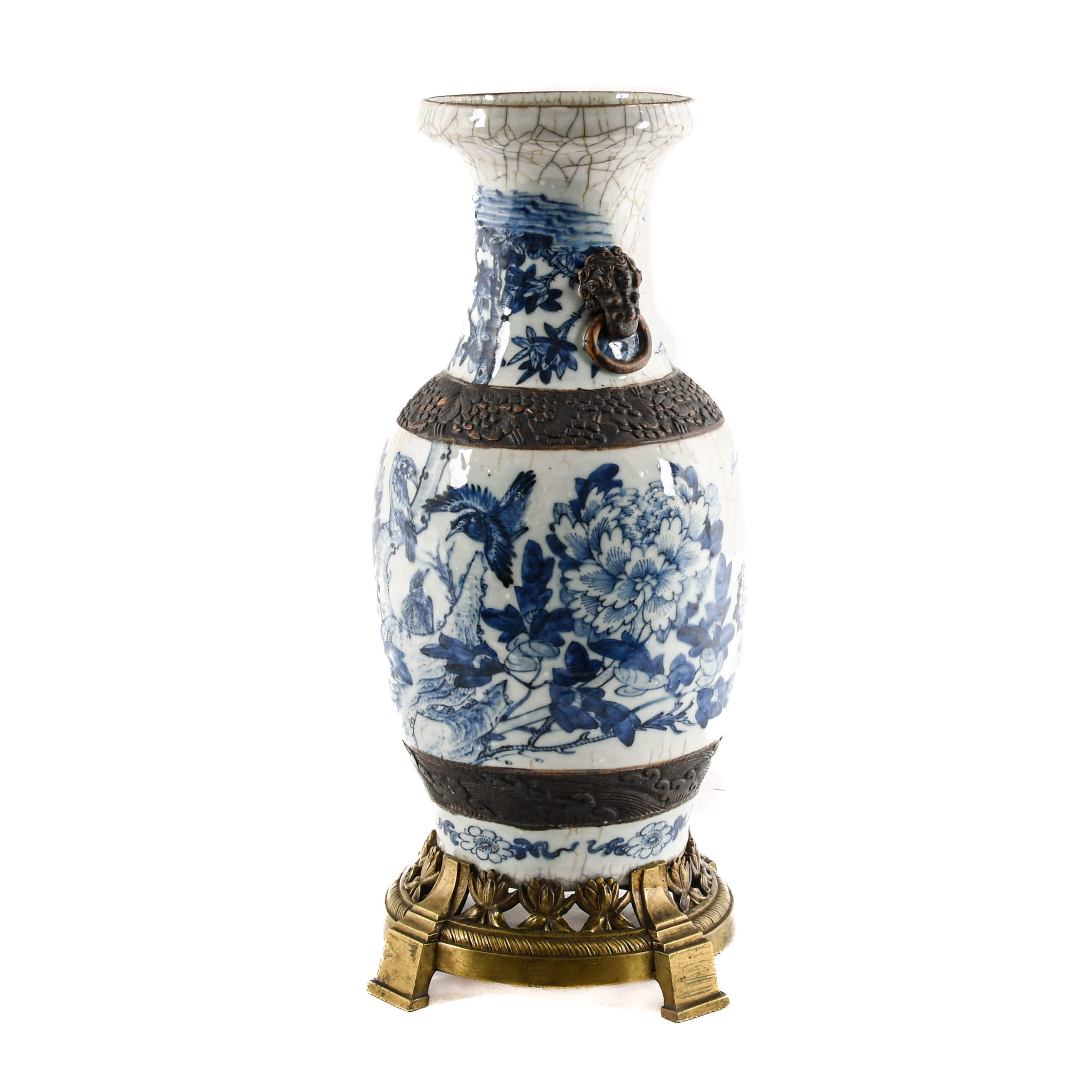 Chinese Blue and White Vase on Gilt Base-3
