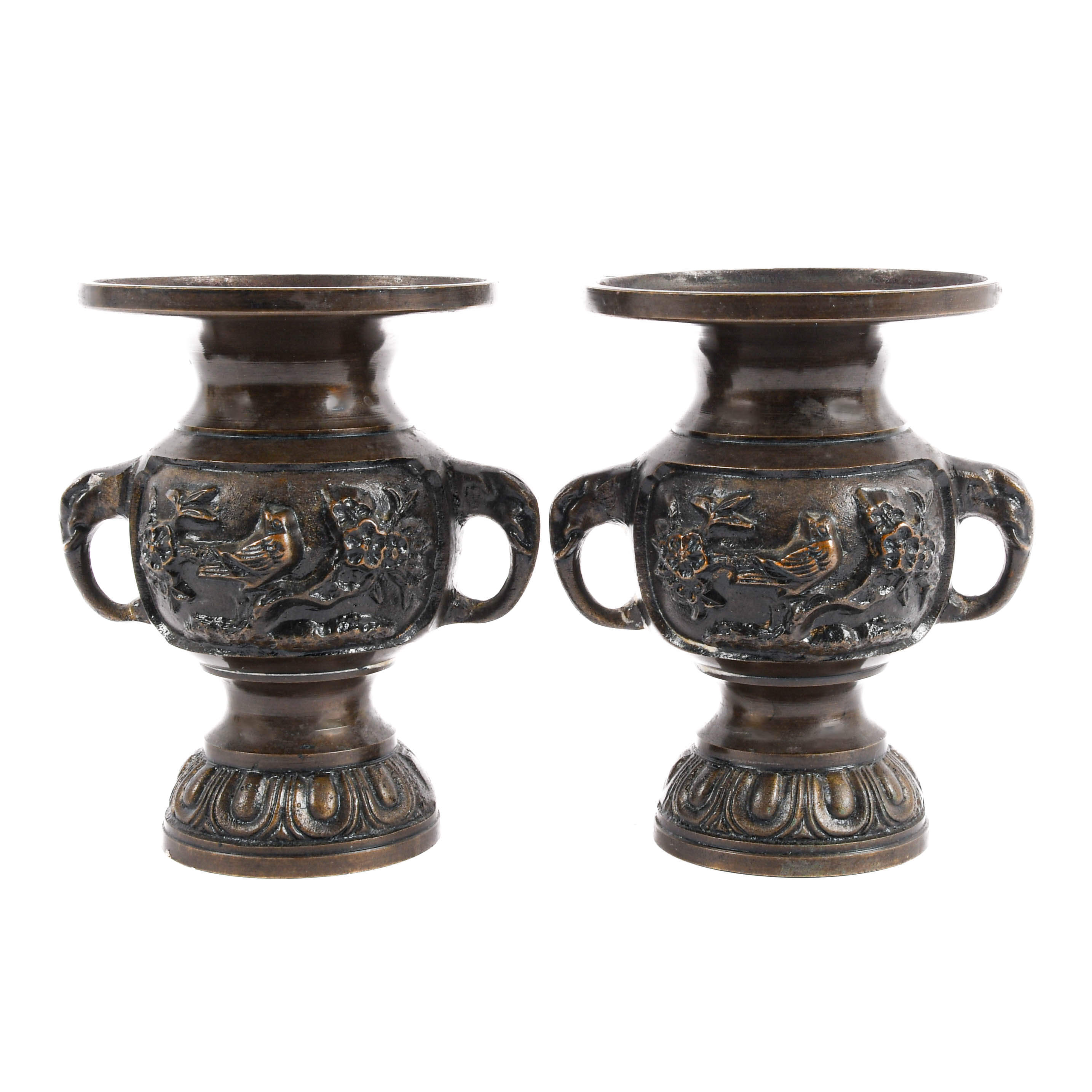 Pair of Miniature Bronze Japanese Altar Vases-1