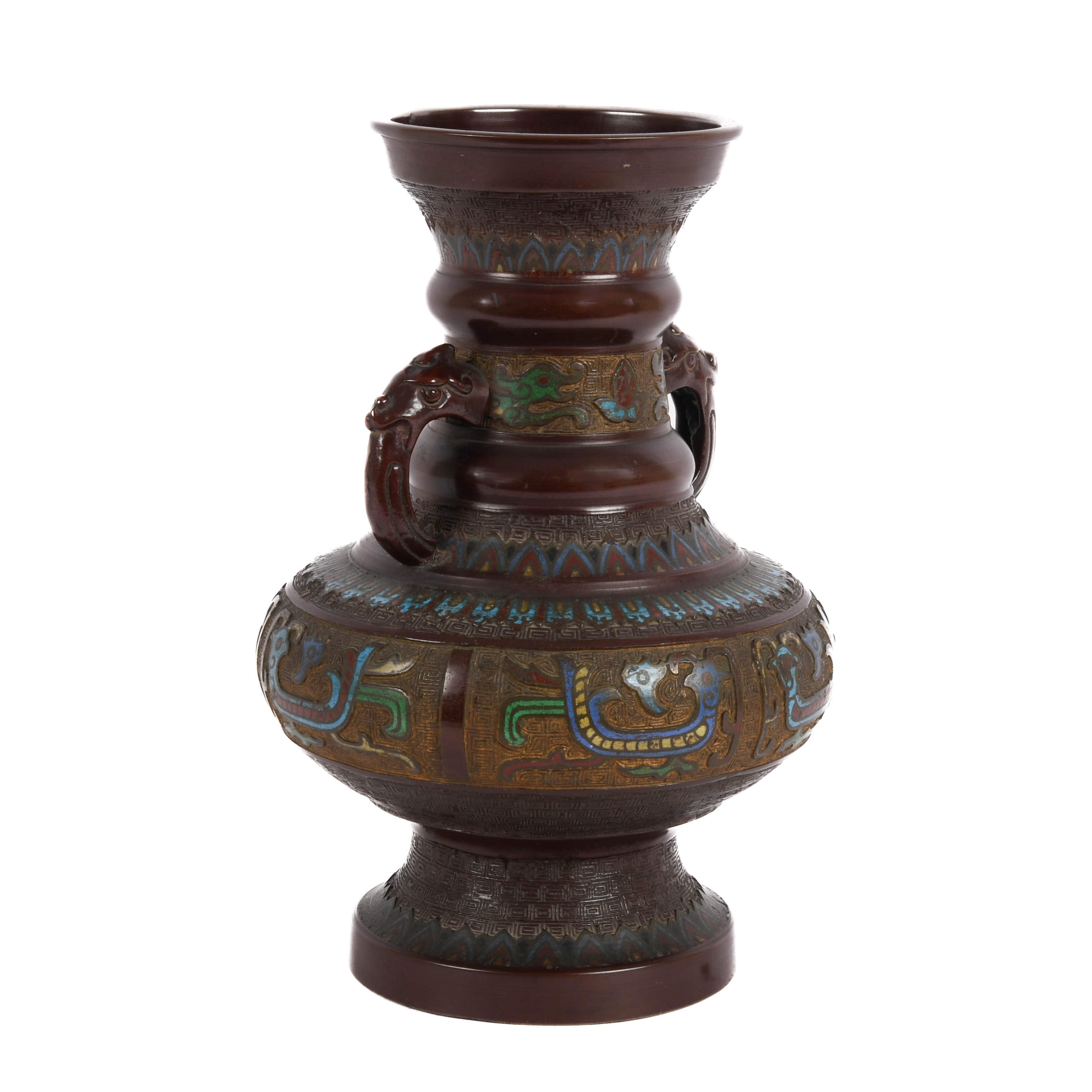 Antique Japanese Champlevé Enameled Bronze Figural Vase-5