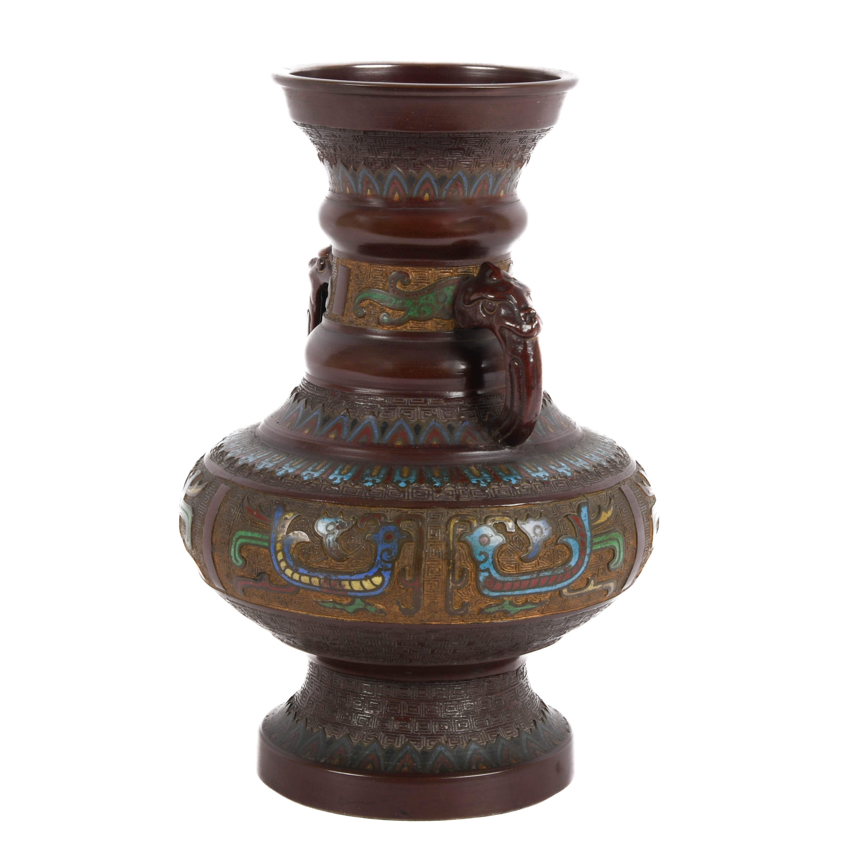 Antique Japanese Champlevé Enameled Bronze Figural Vase-4