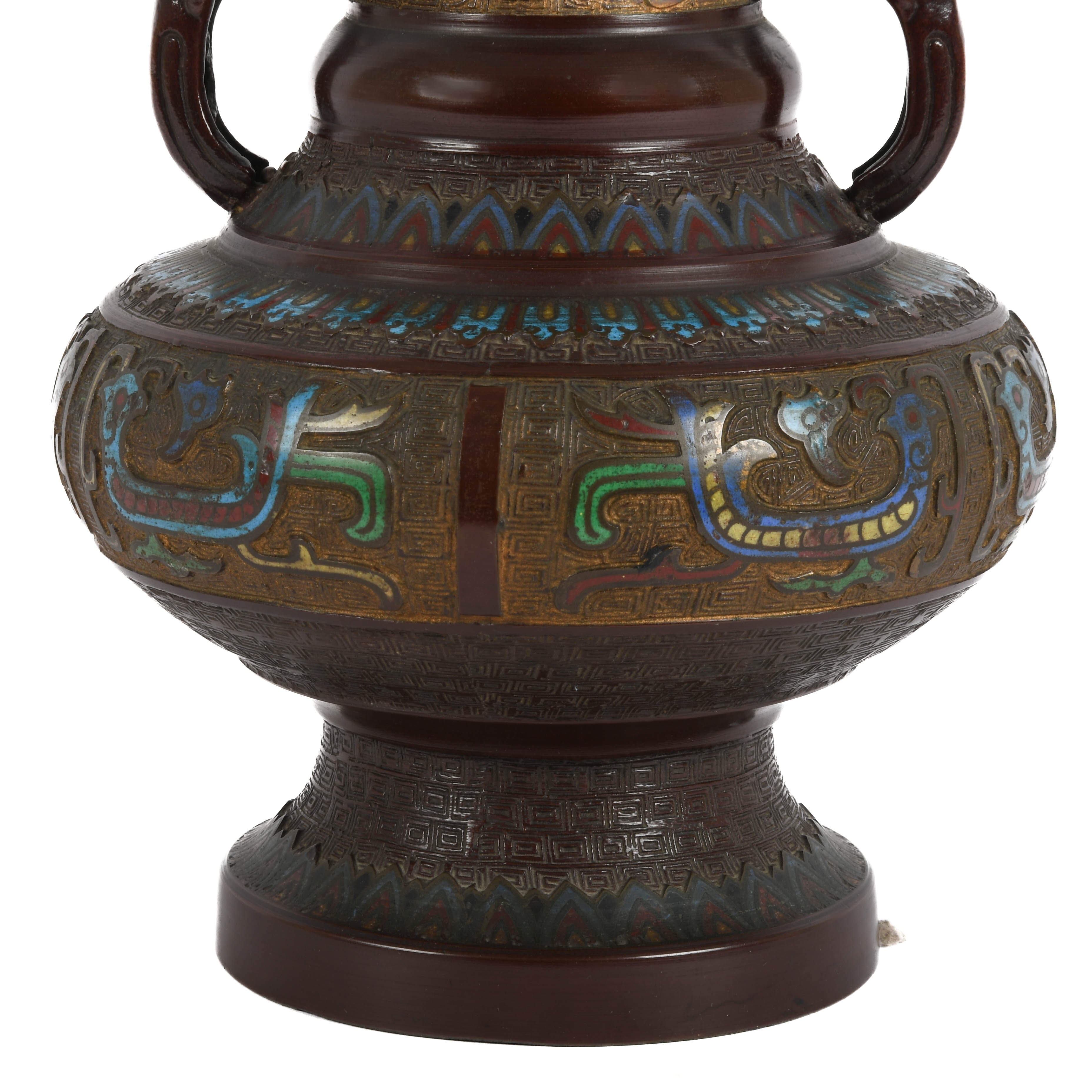Antique Japanese Champlevé Enameled Bronze Figural Vase-3