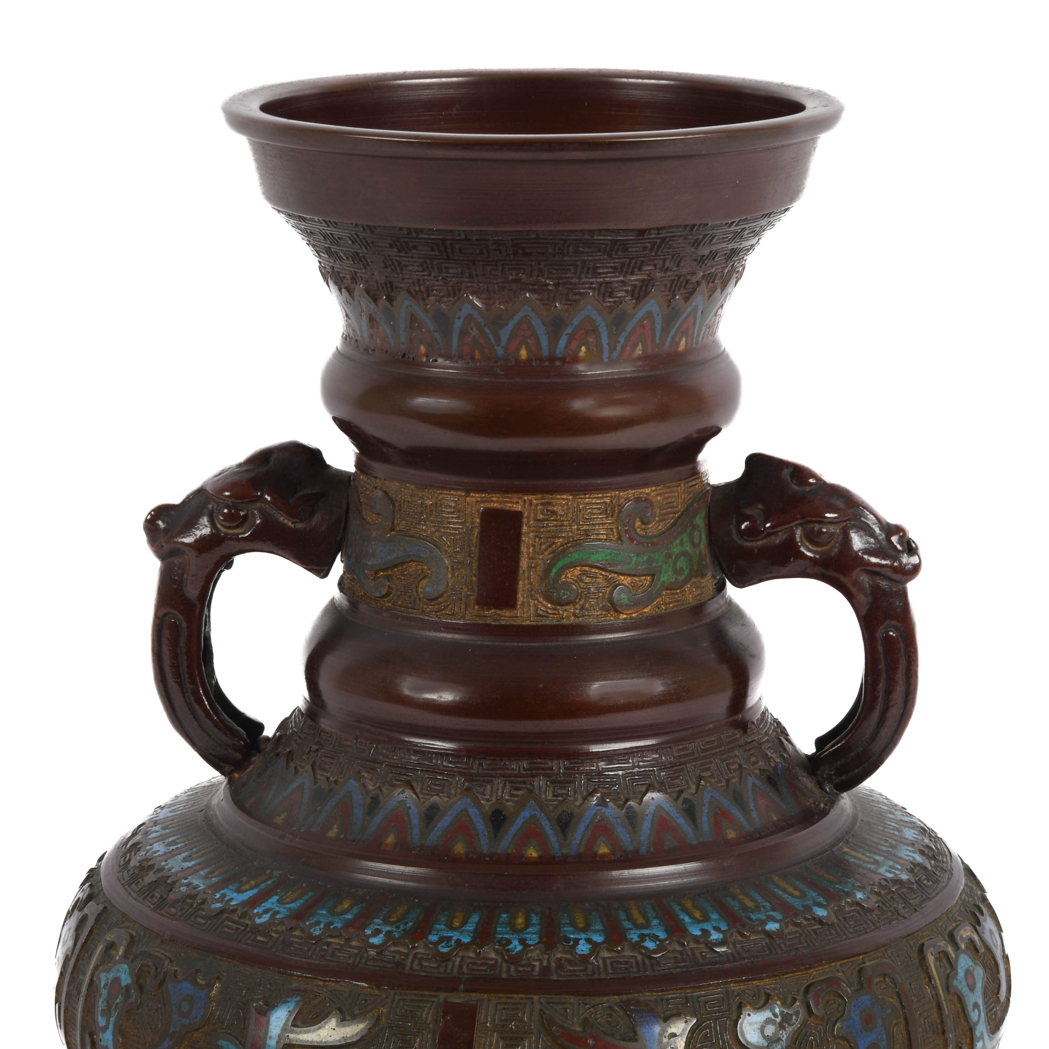 Antique Japanese Champlevé Enameled Bronze Figural Vase-2