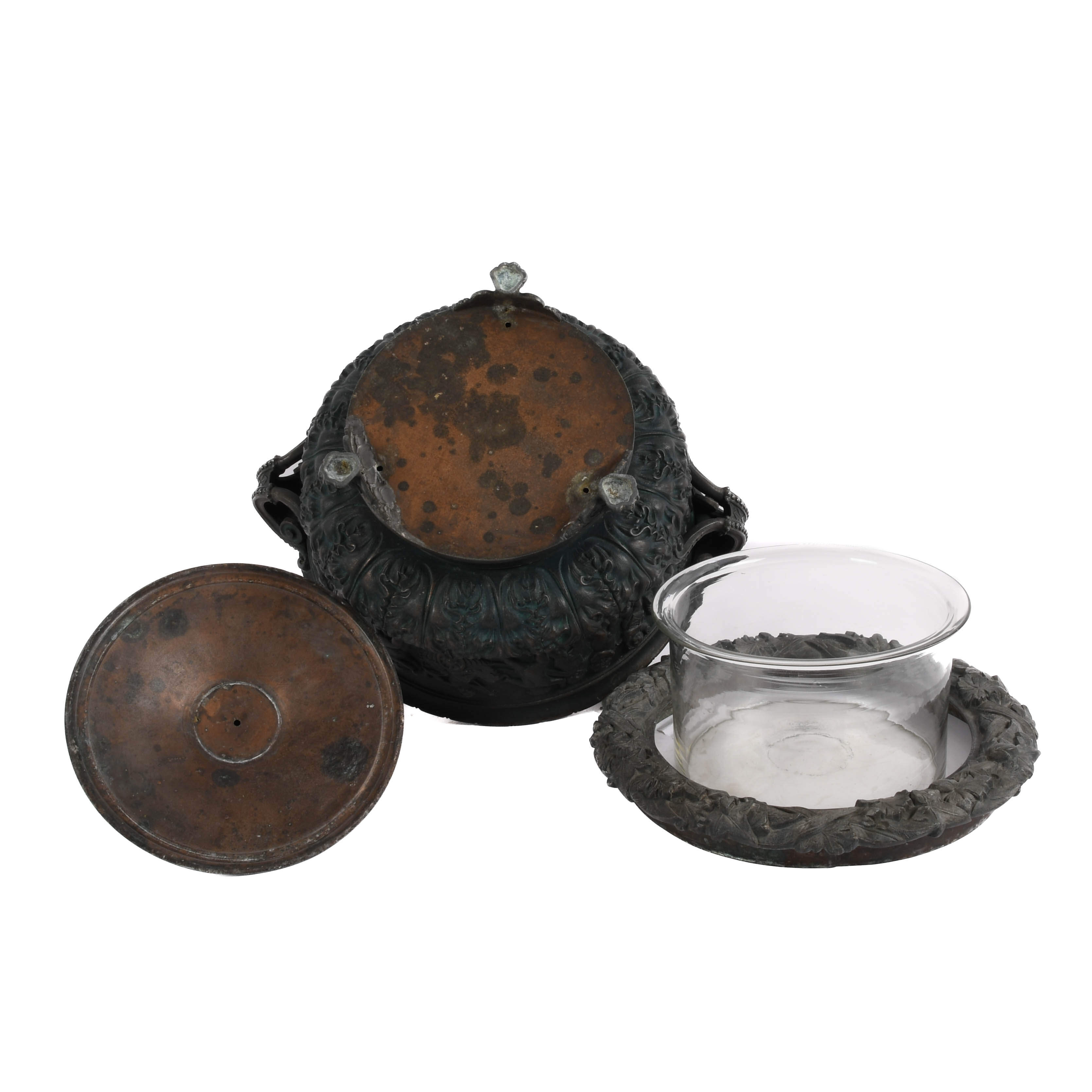 Large Antique Ornate Metalwork Footed and Lidded Urn with Glass Inset-6