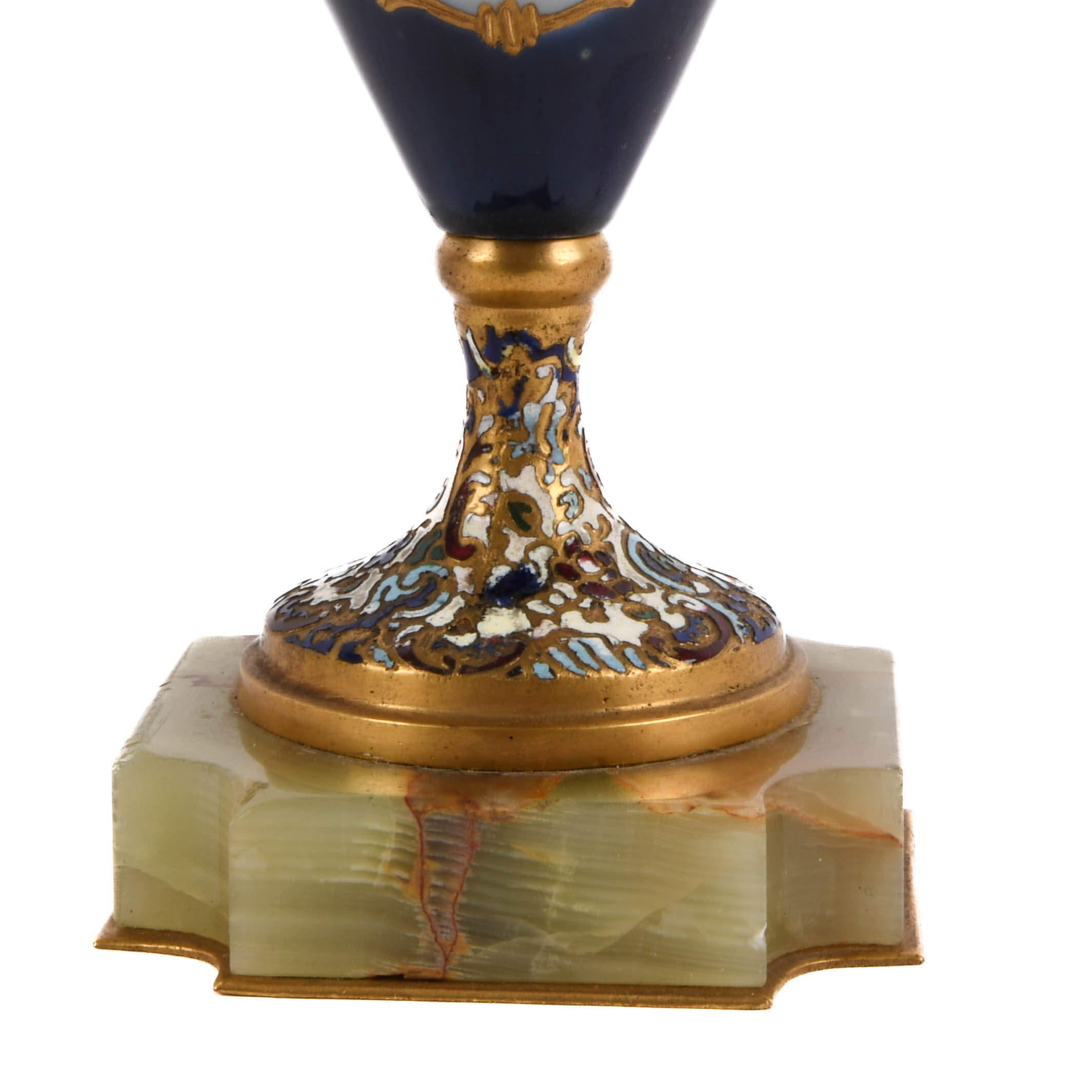Antique French Hand-Painted and Champlevé Urn on Green Marble-4