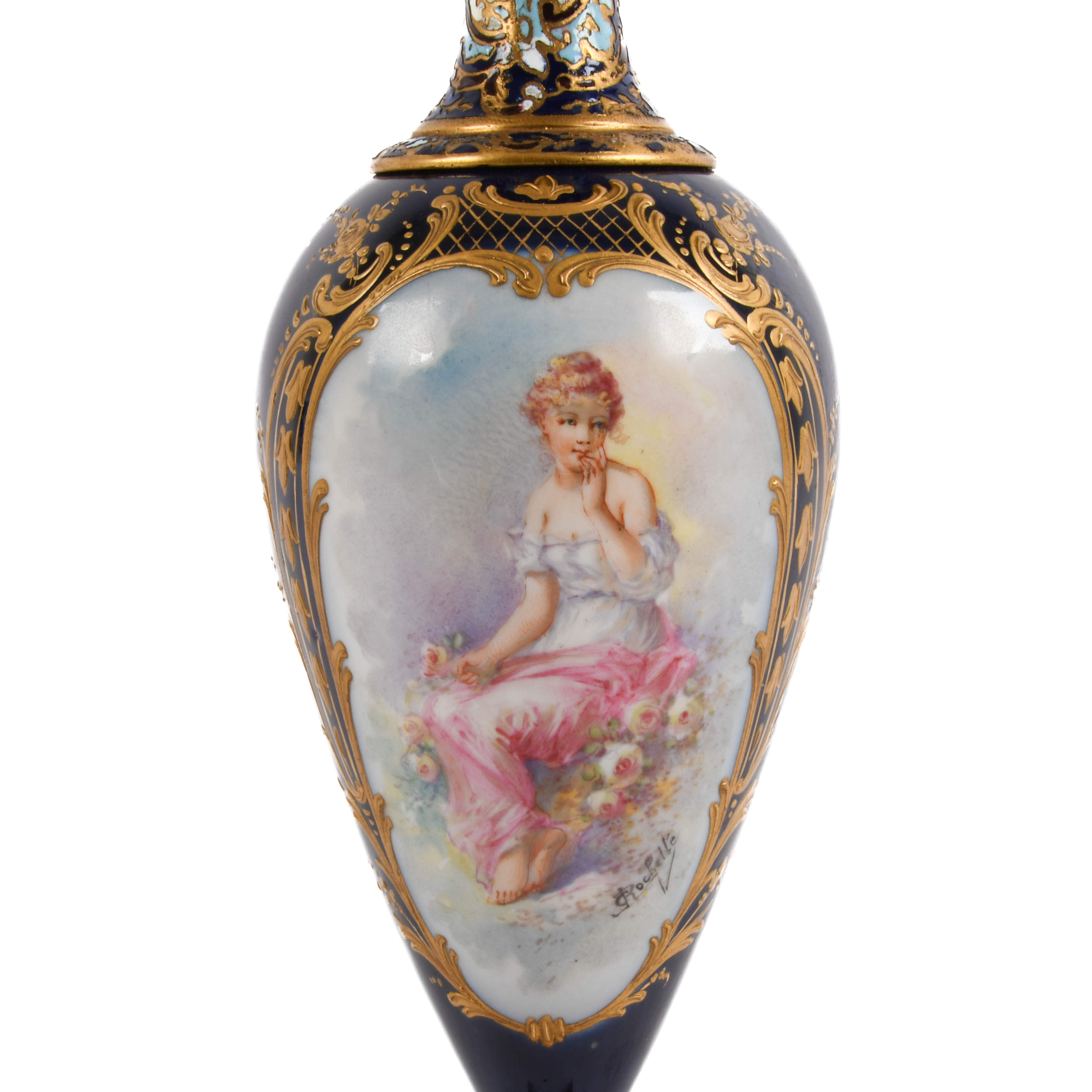 Antique French Hand-Painted and Champlevé Urn on Green Marble-3