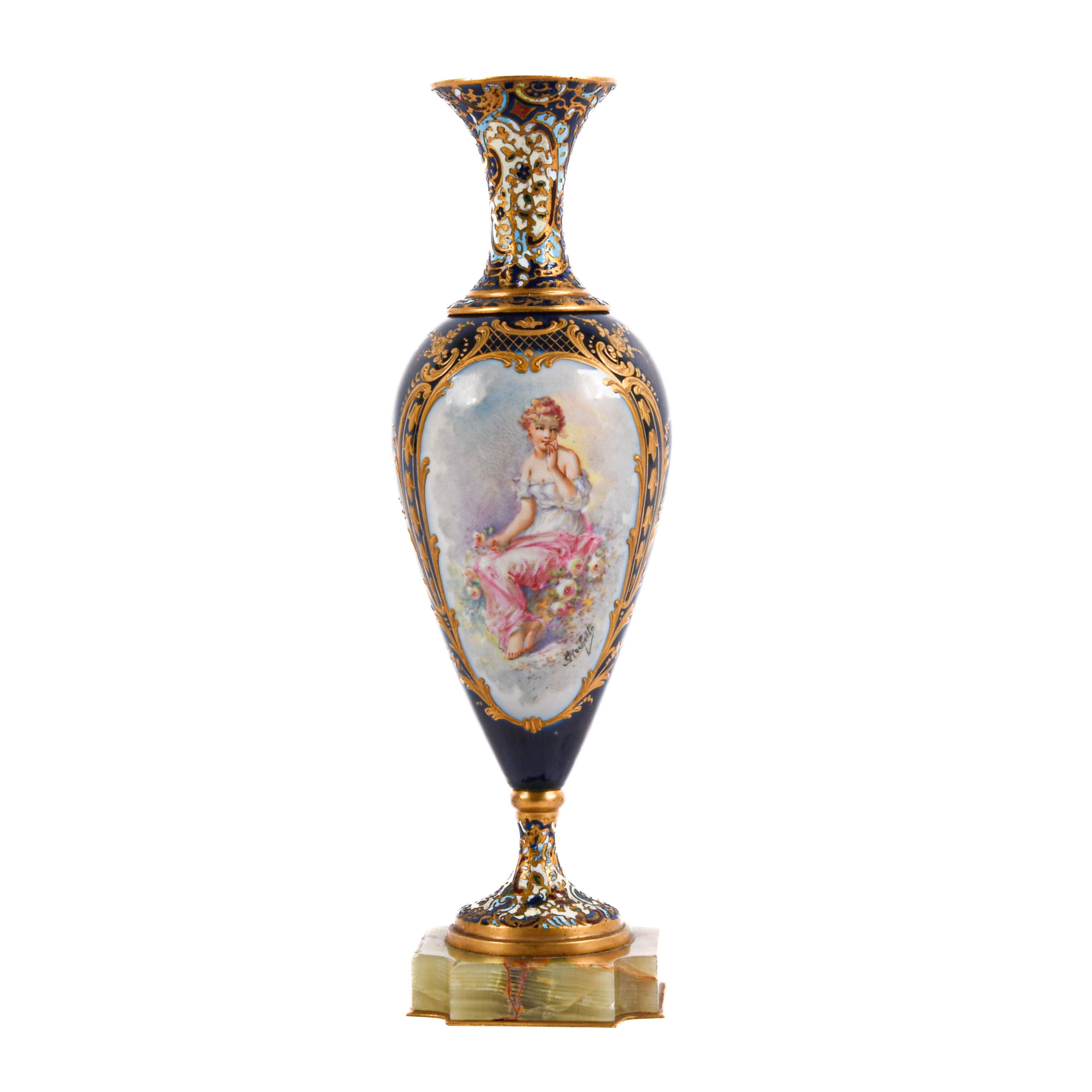 Antique French Hand-Painted and Champlevé Urn on Green Marble-1