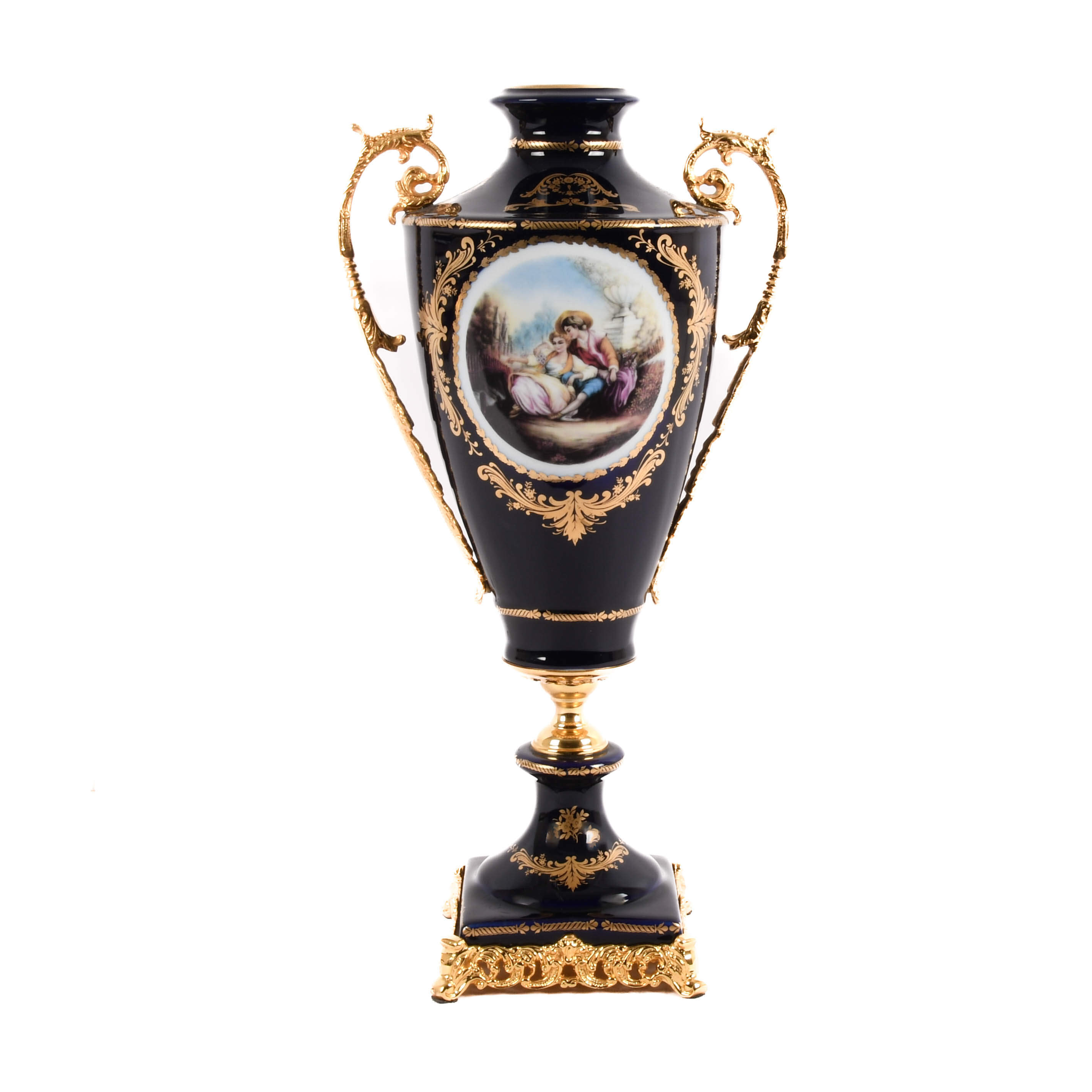 Large Decorated Limoges-Style Porcelain and Brass Vase-6