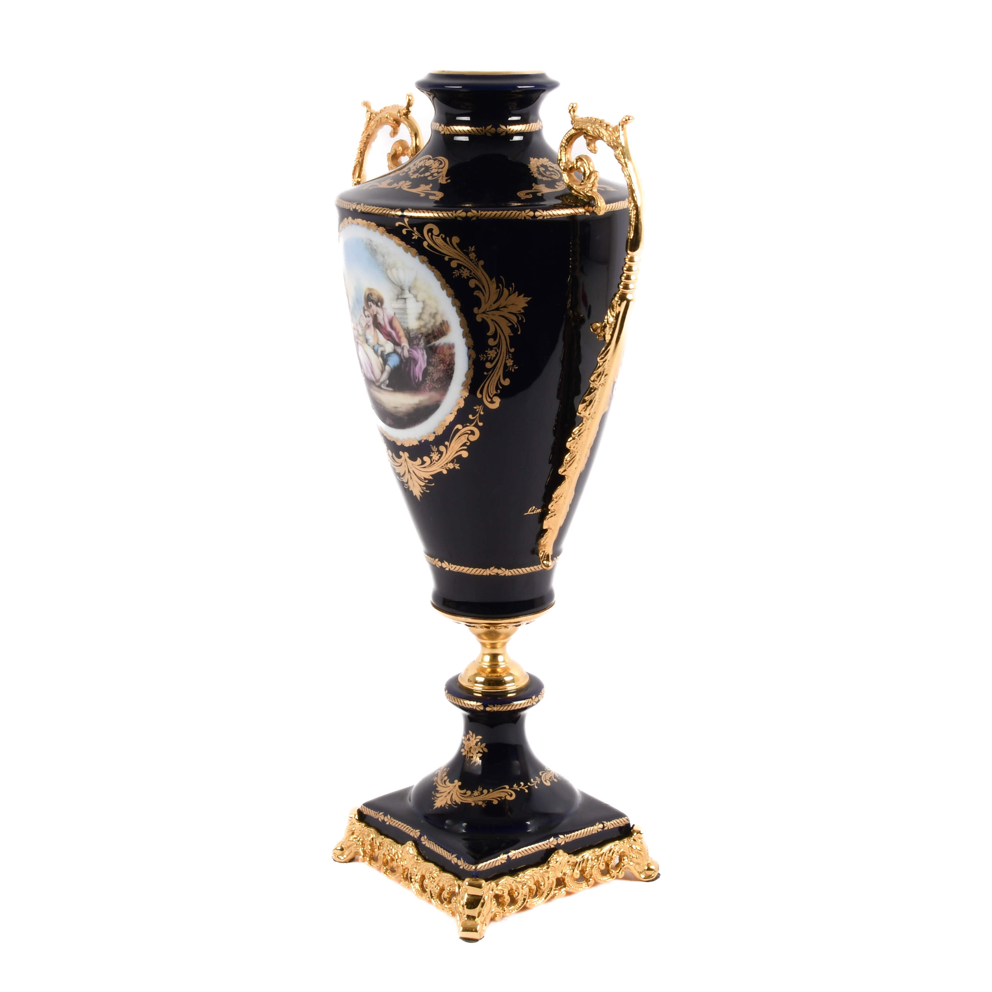 Large Decorated Limoges-Style Porcelain and Brass Vase-4