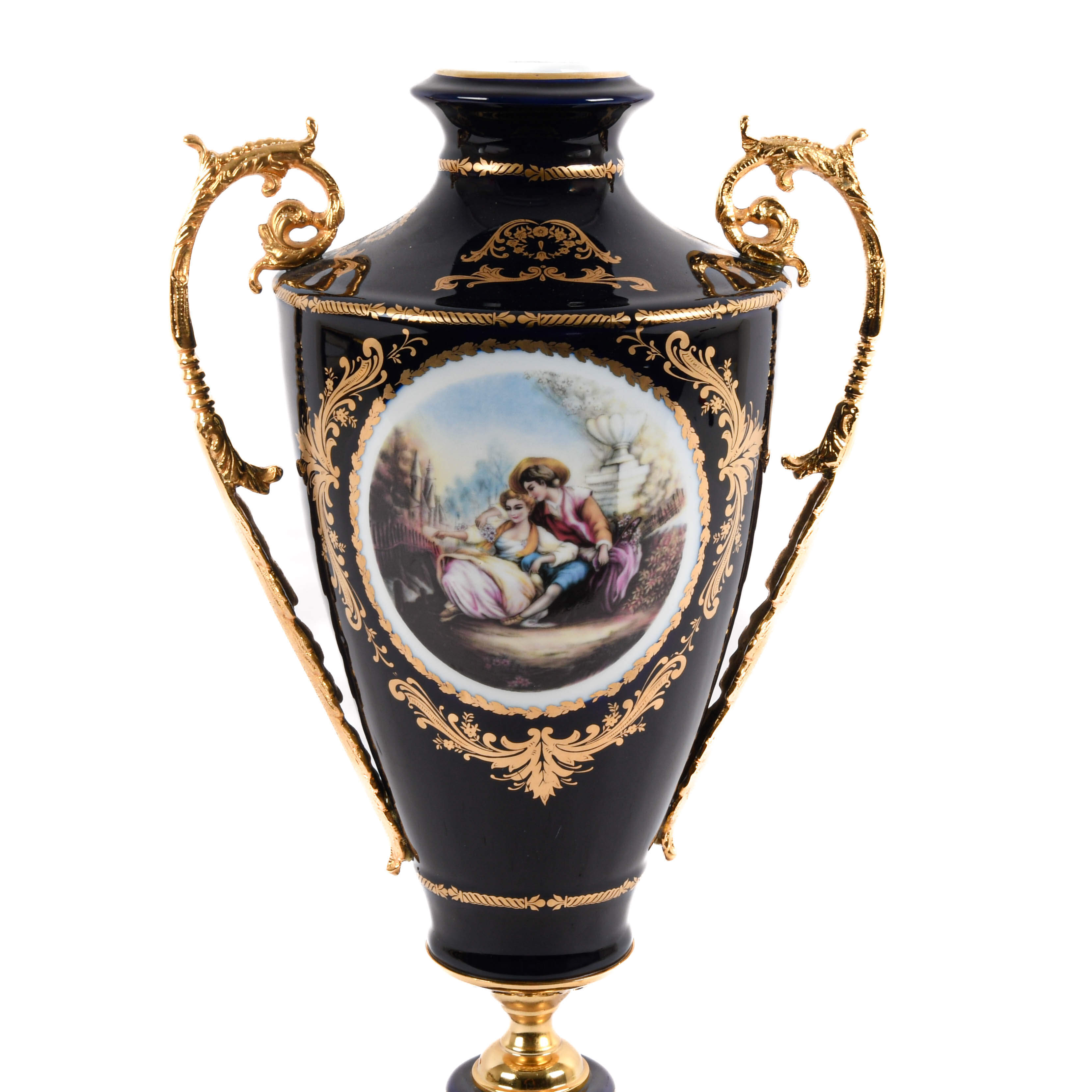 Large Decorated Limoges-Style Porcelain and Brass Vase-2