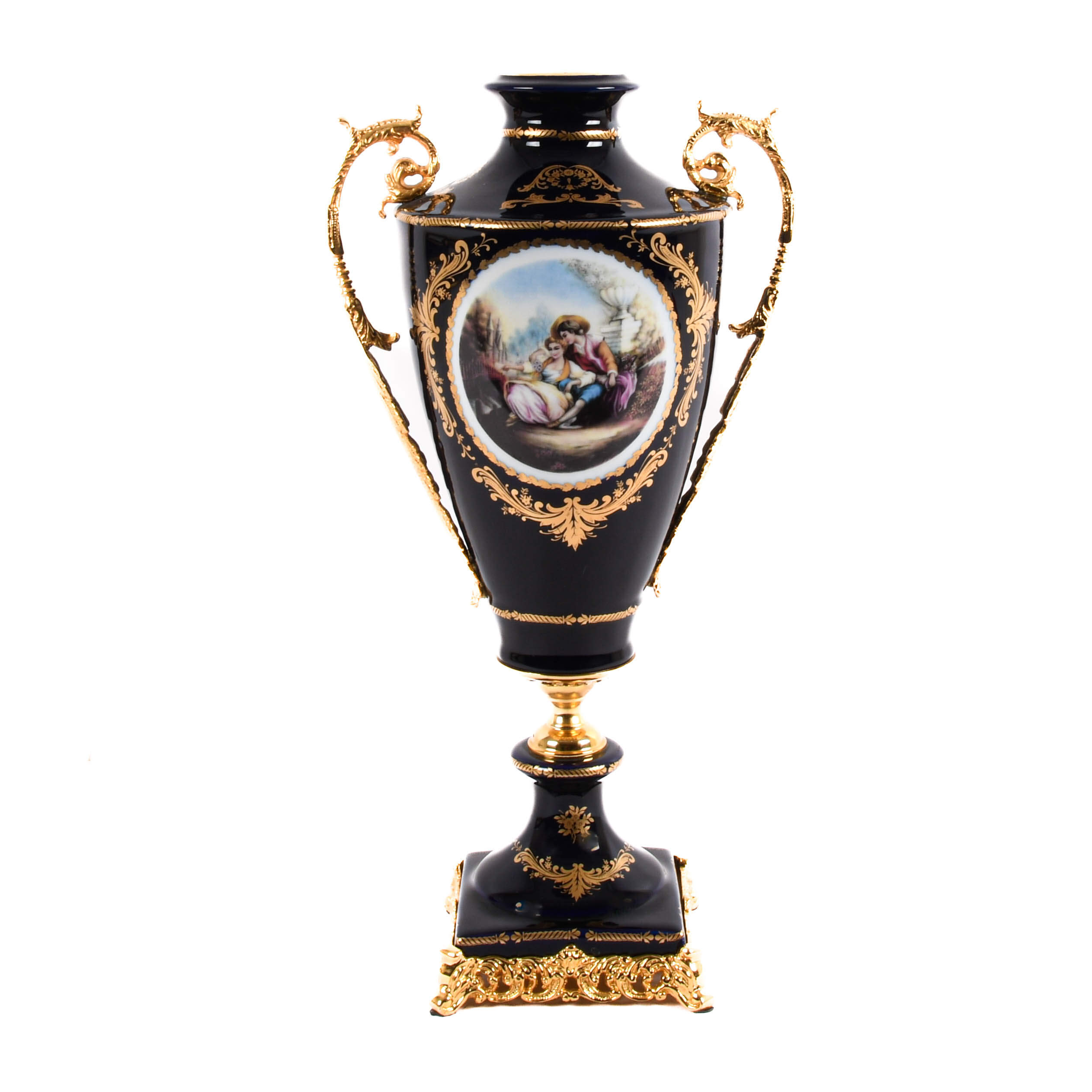 Large Decorated Limoges-Style Porcelain and Brass Vase-1