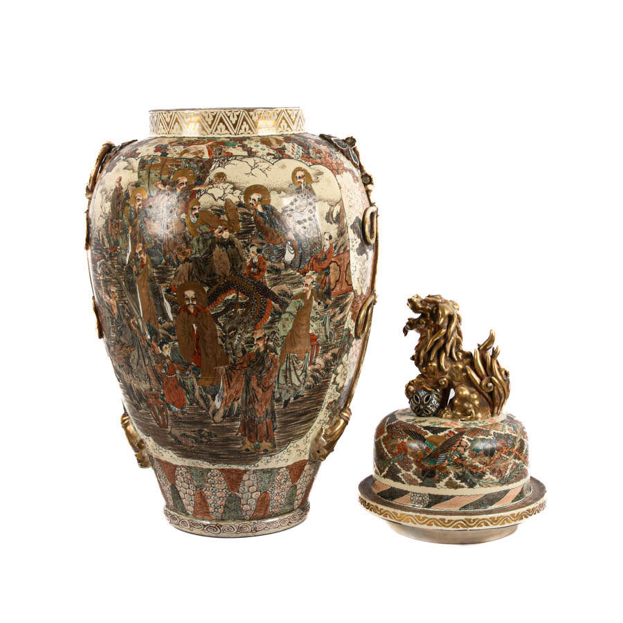 Palatial Satsuma Covered Figural Floor Vase-8