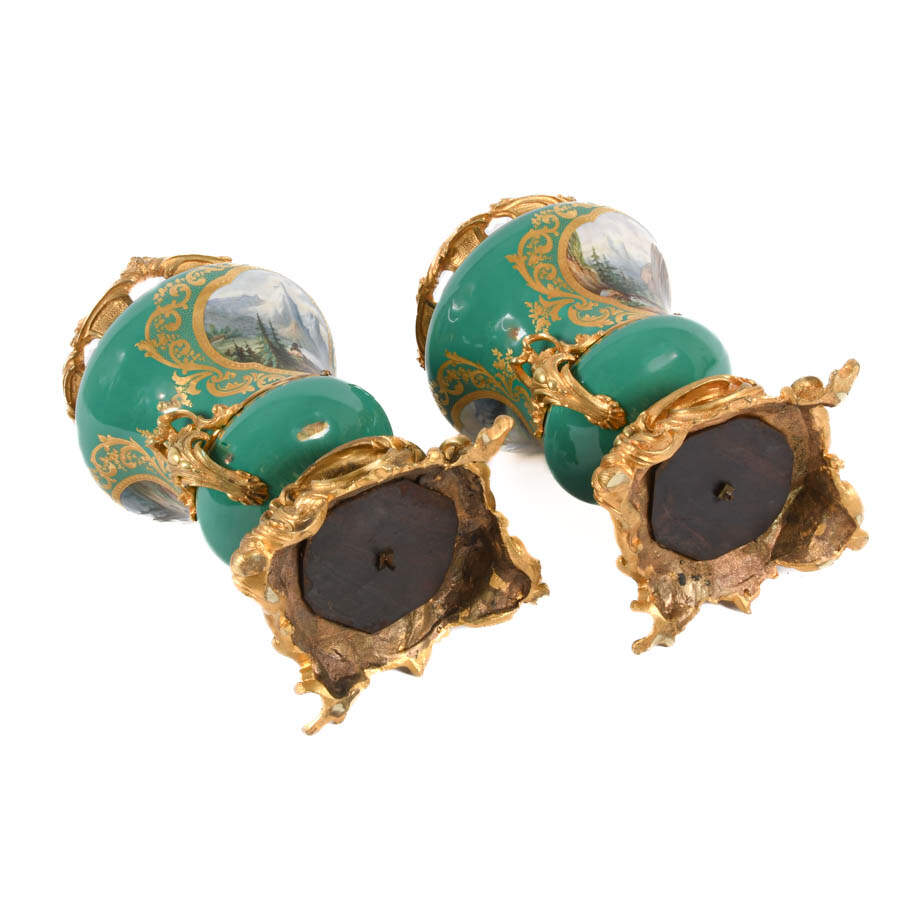 Antique Pair of Gilt Bronze and Sèvres-Style Hand-Painted Urns-9