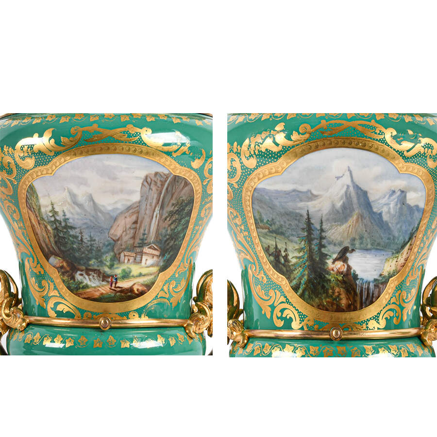 Antique Pair of Gilt Bronze and Sèvres-Style Hand-Painted Urns-7