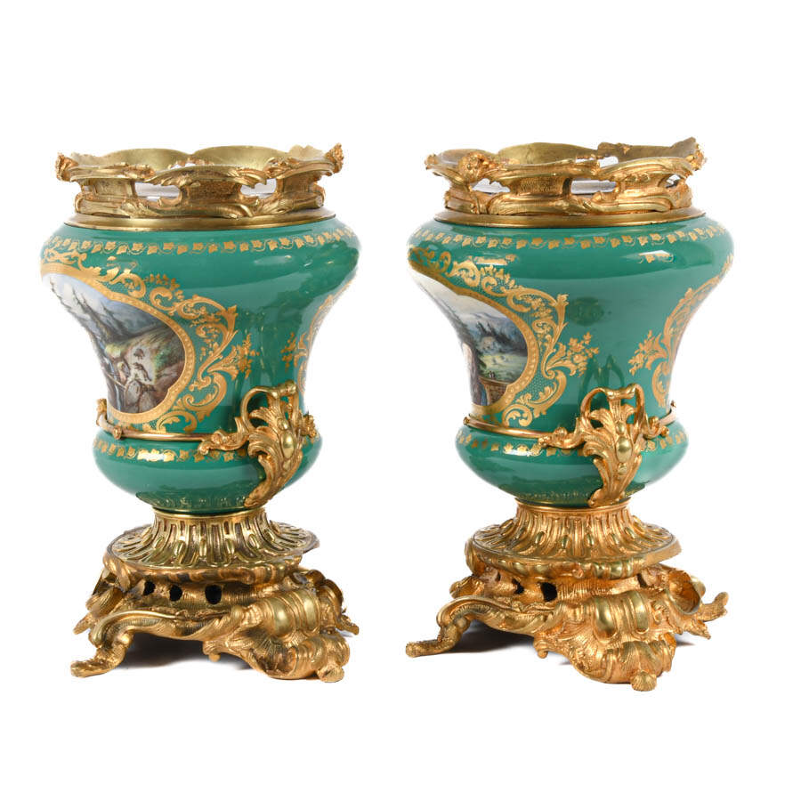 Antique Pair of Gilt Bronze and Sèvres-Style Hand-Painted Urns-4