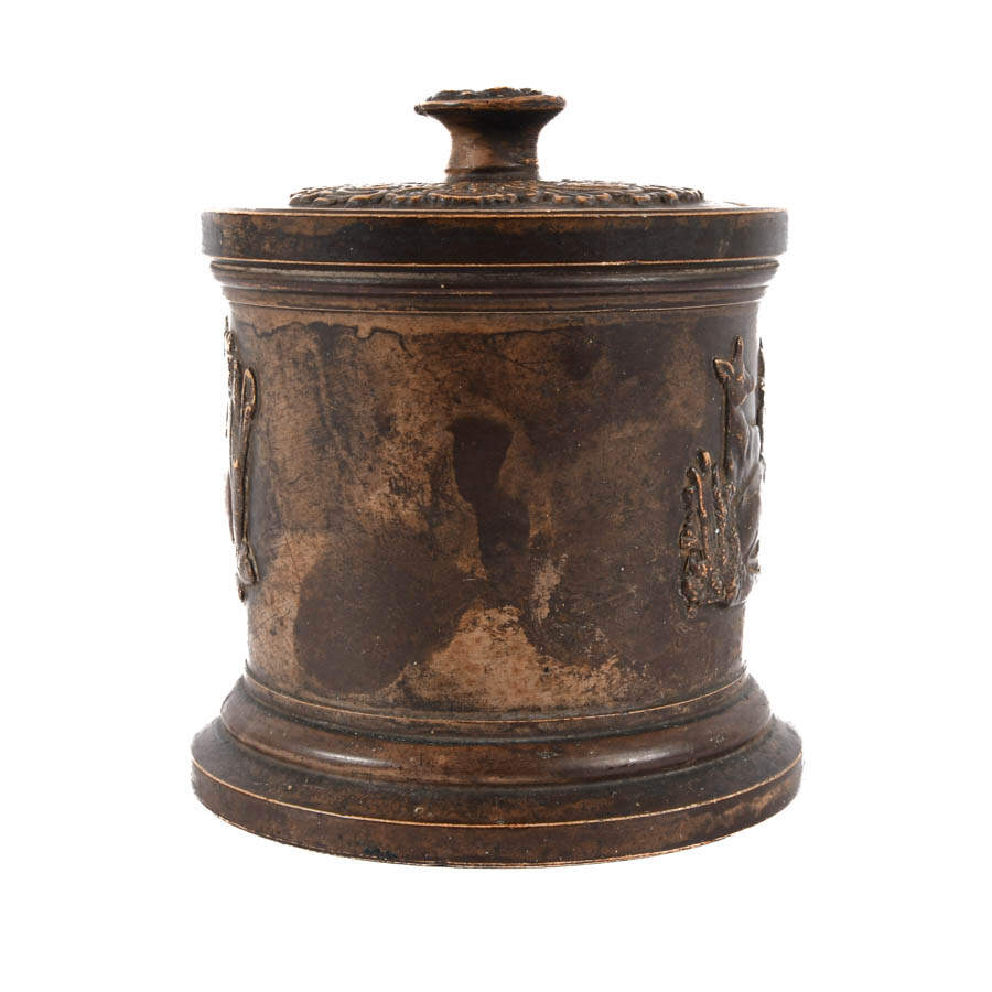 Antique Lidded Pottery Caddy with Resting Deer Motif-2