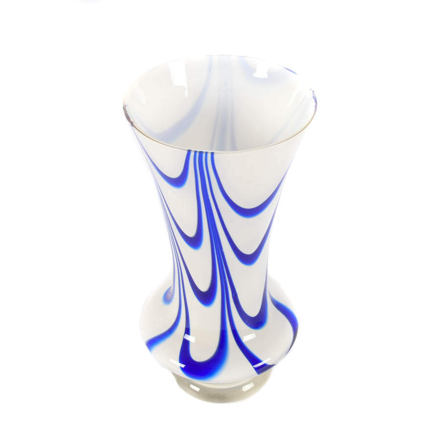 Hand-Blown Blue and White Swirl Art Glass Vase-4