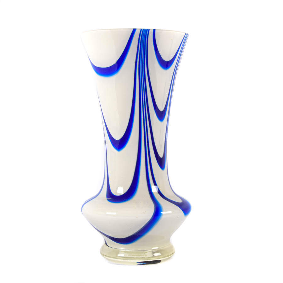 Hand-Blown Blue and White Swirl Art Glass Vase-2