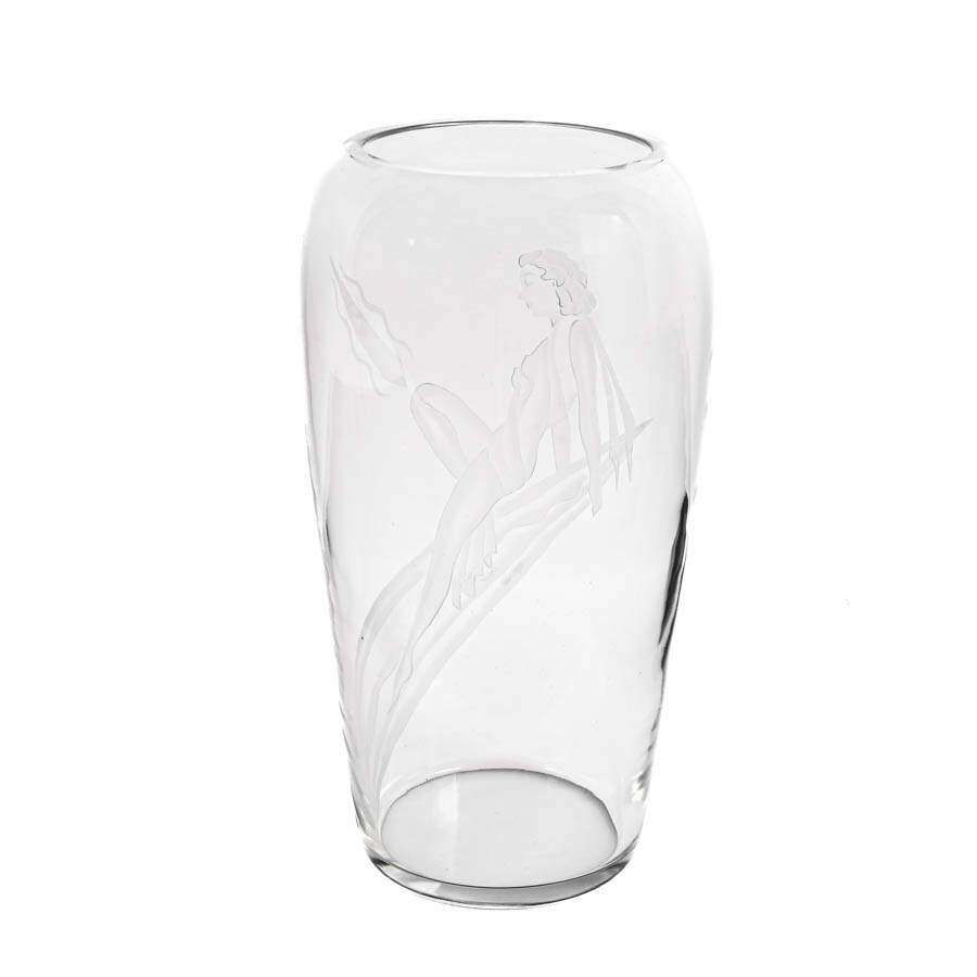 Etched Glass Art Deco Vase with Partial Nude Woman-2