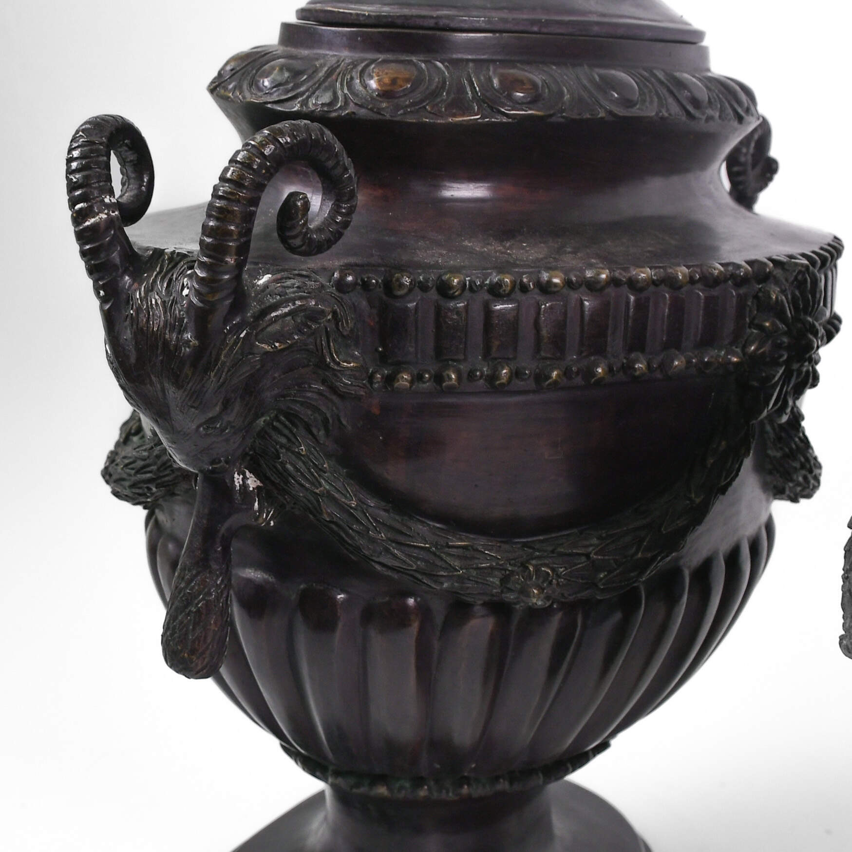 Pair of Bronze Maitland Smith Ram's Head Urns-5