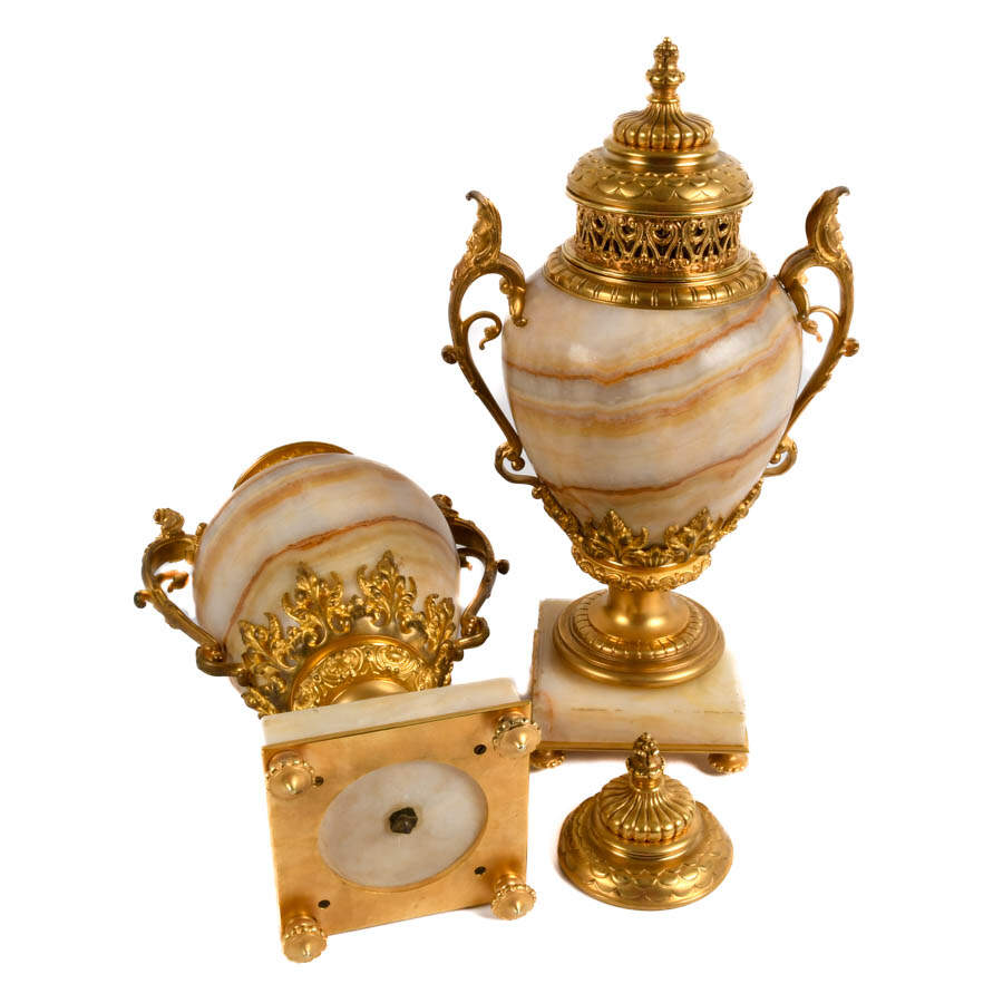 Antique Pair of French Ormolu Bronze and Onyx Cassolettes-8