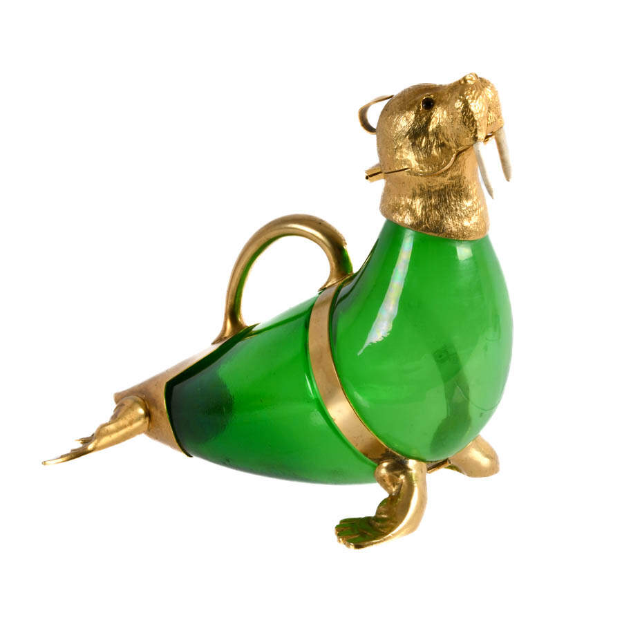 Gilt and Green Glass Novelty Walrus Claret Wine Decanter-5