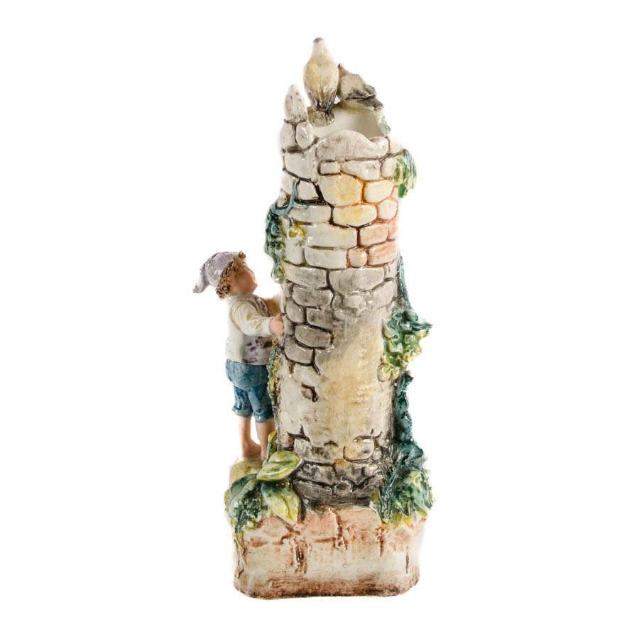 Italian Majolica Figural Boy, Flora, and Fauna Castle Spill Vase-6
