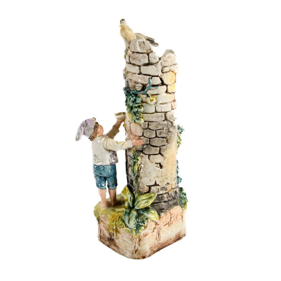 Italian Majolica Figural Boy, Flora, and Fauna Castle Spill Vase-5