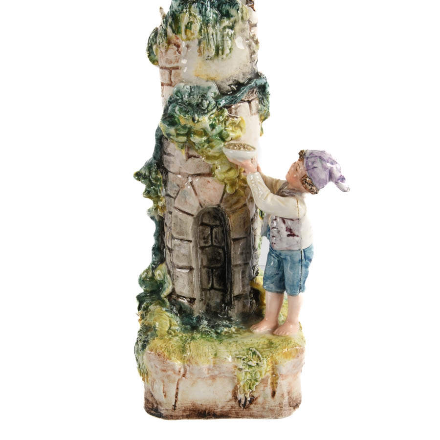 Italian Majolica Figural Boy, Flora, and Fauna Castle Spill Vase-3