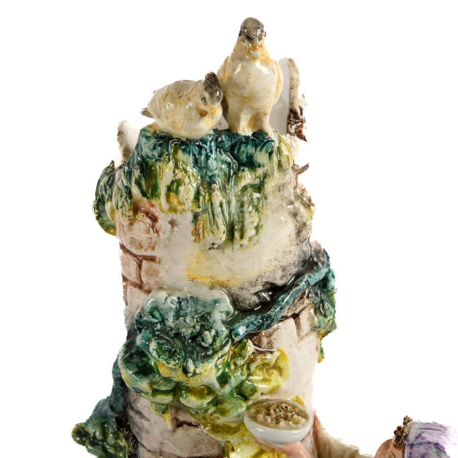 Italian Majolica Figural Boy, Flora, and Fauna Castle Spill Vase-2