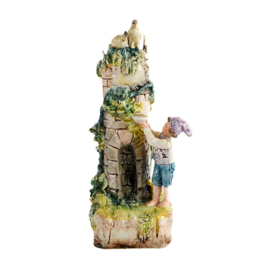 Italian Majolica Figural Boy, Flora, and Fauna Castle Spill Vase-1