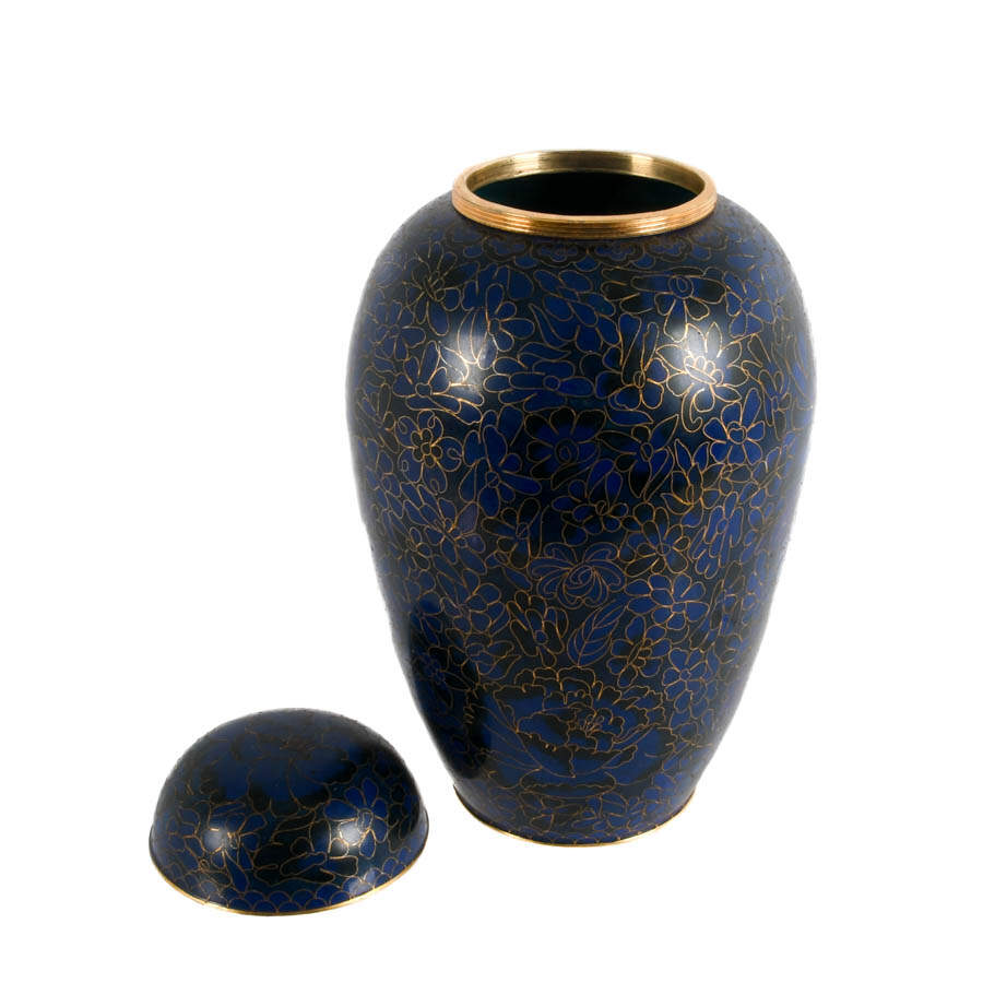 Blue and Black Lidded Floral Cloisonné Urn-5
