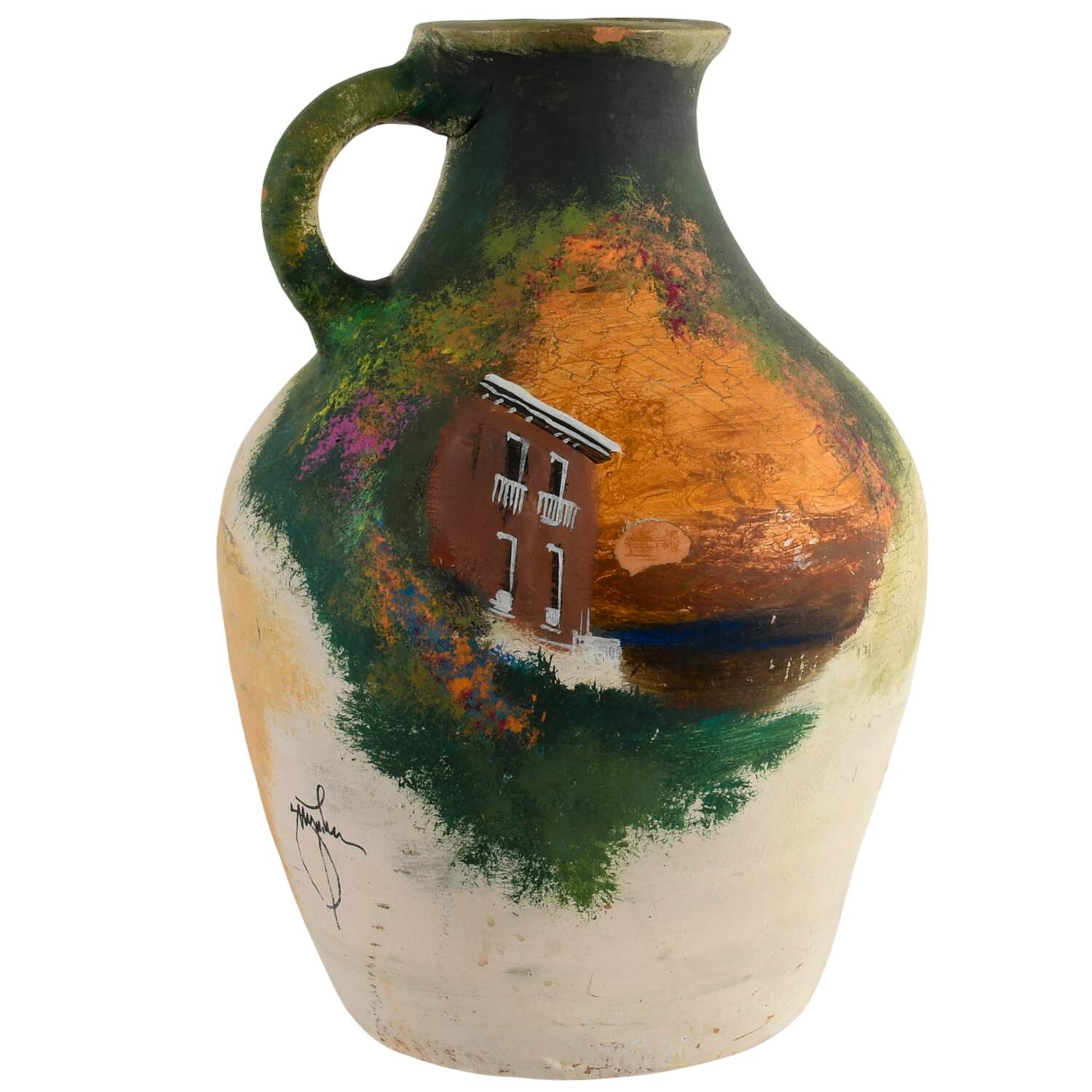 Antique Artist Signed Decorated Terracotta Farmhouse Jug-1