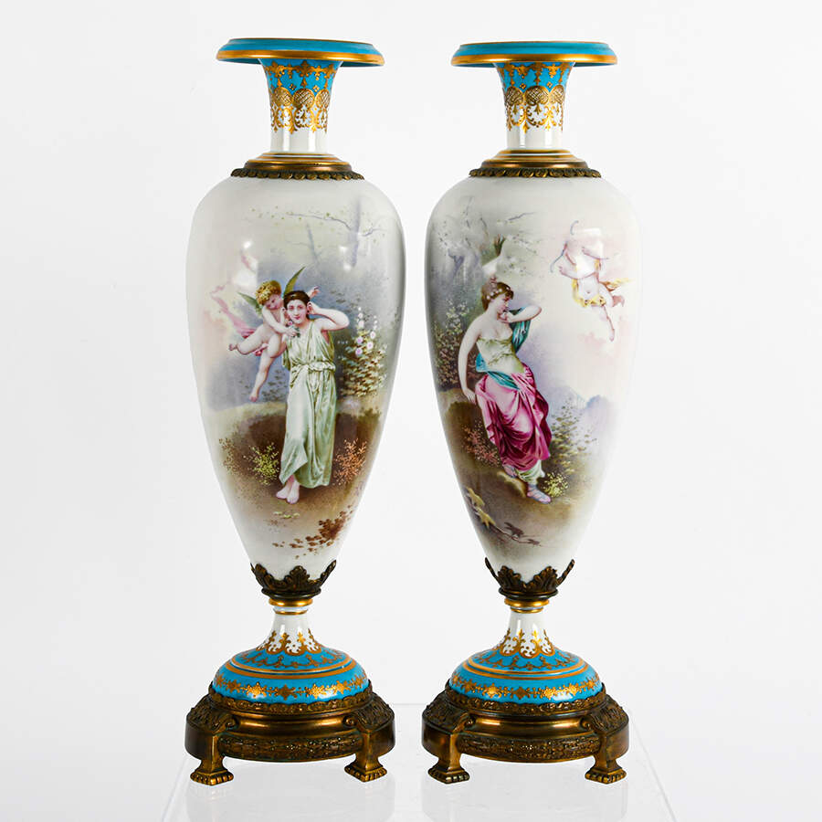 Antique Pair of French Sèvres-Style Ormolu Mounted Vases-1