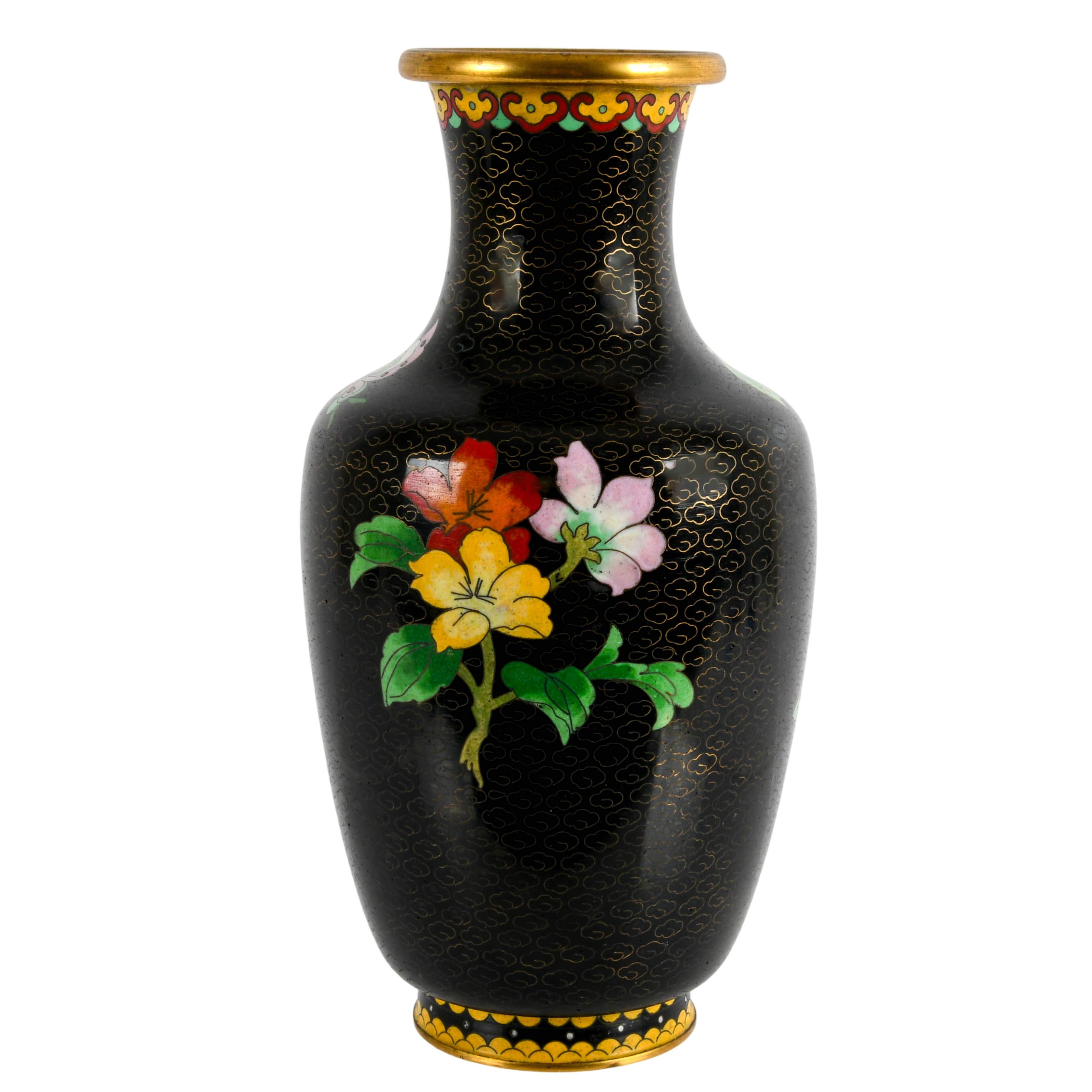 Chinese Black Cloisonné Enamel Floral Vase-5