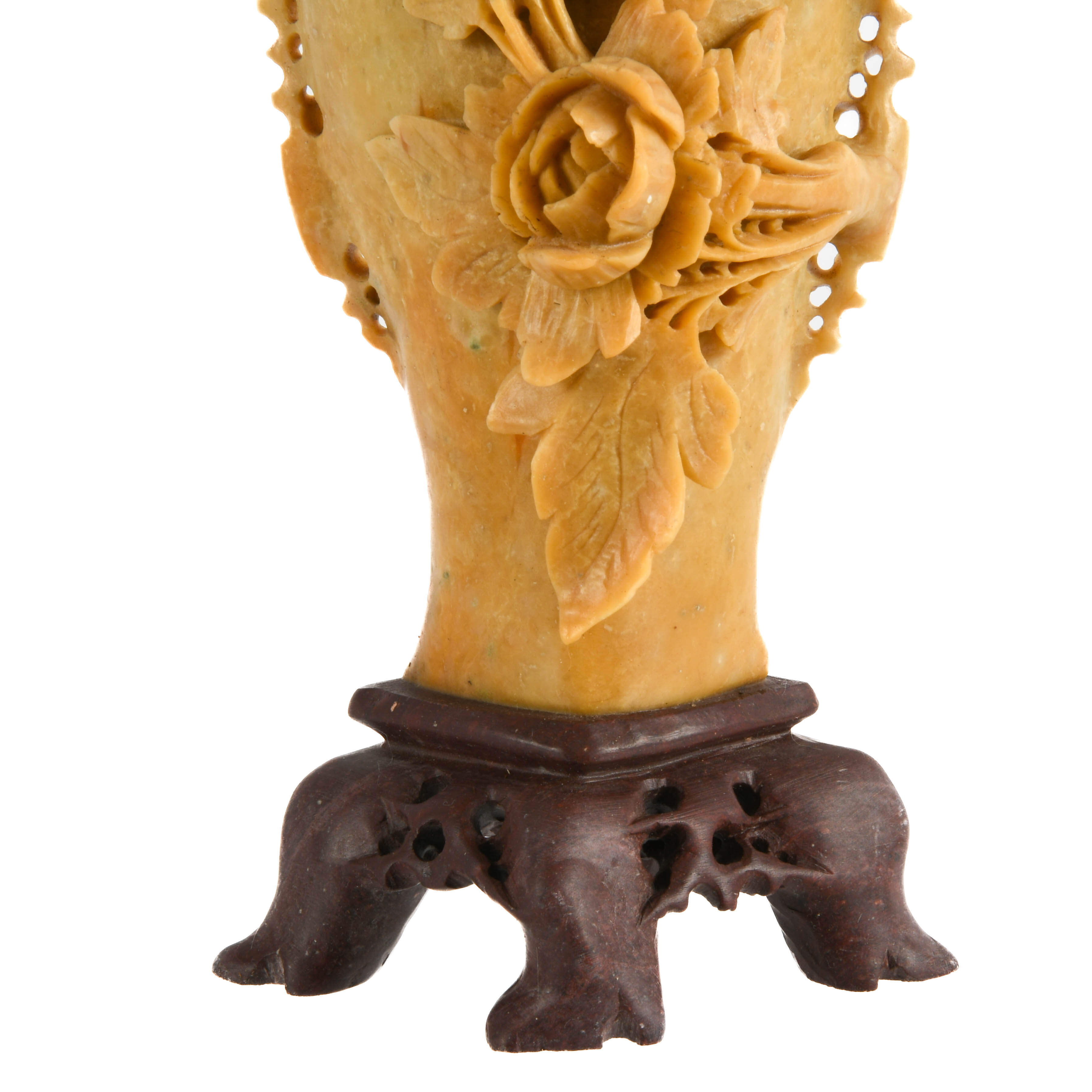 Chinese Carved Soapstone Floral Vase on Stand-3