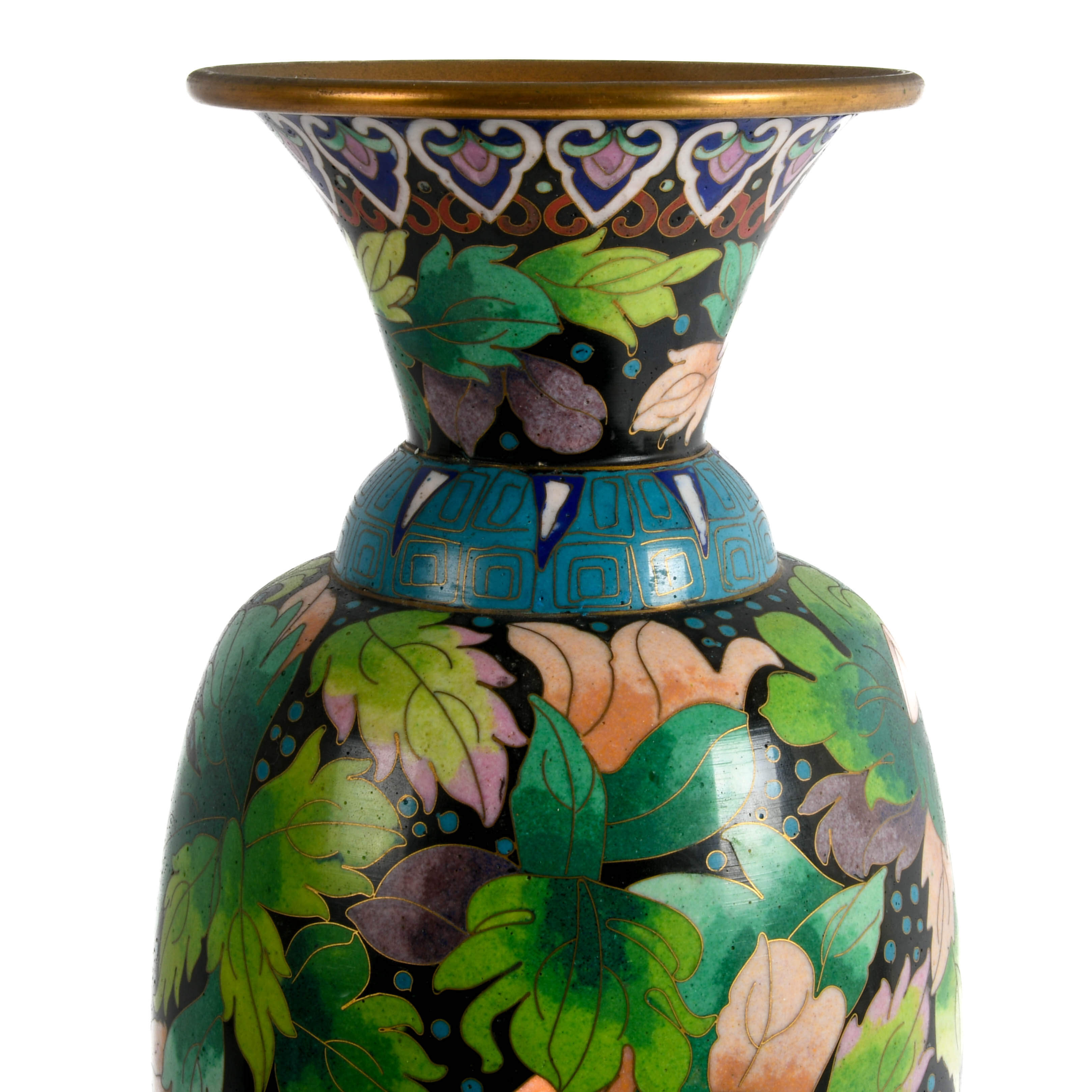 Jingfa Chinese Cloisonné Trumpet Vase with Leaf Motif-2