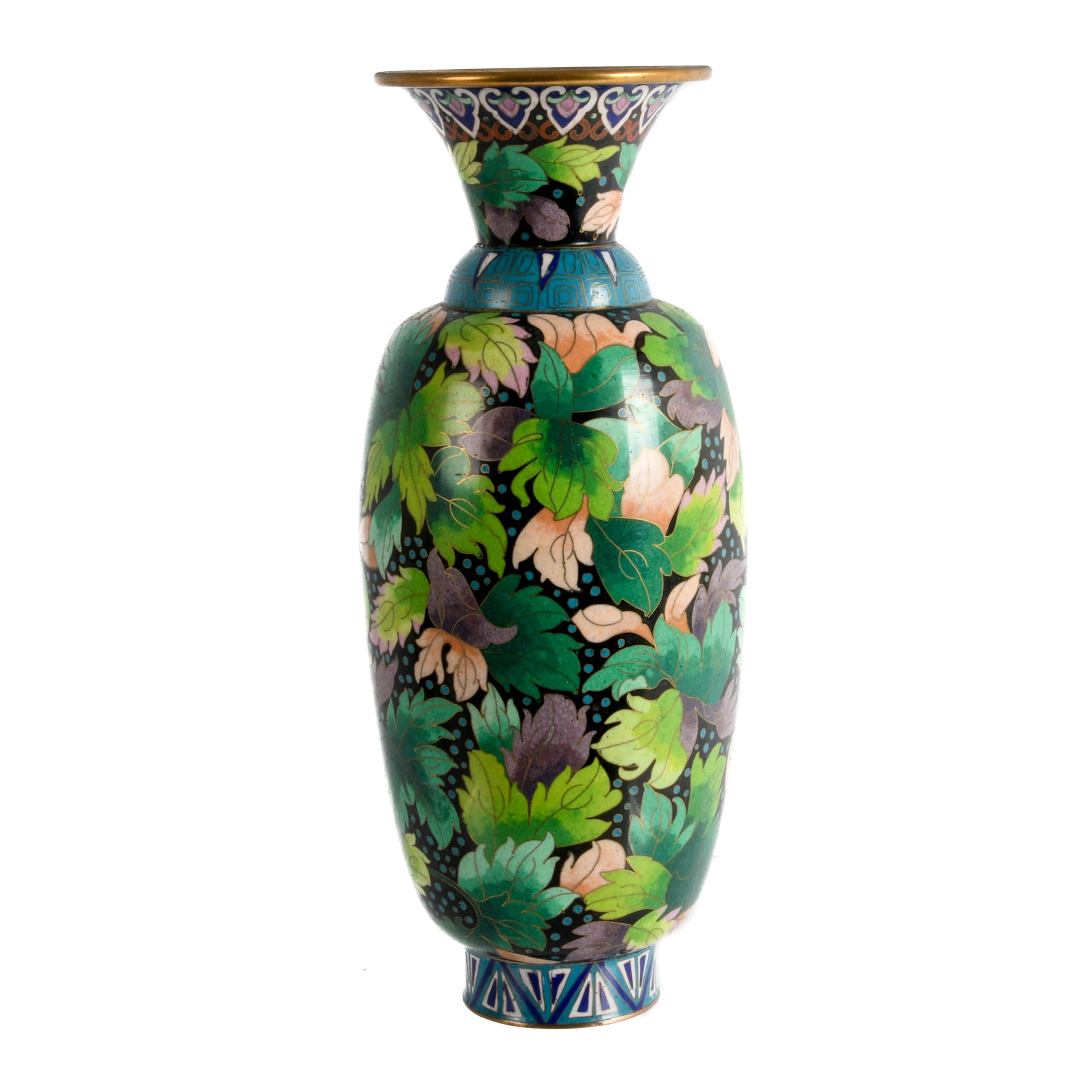 Jingfa Chinese Cloisonné Trumpet Vase with Leaf Motif-1