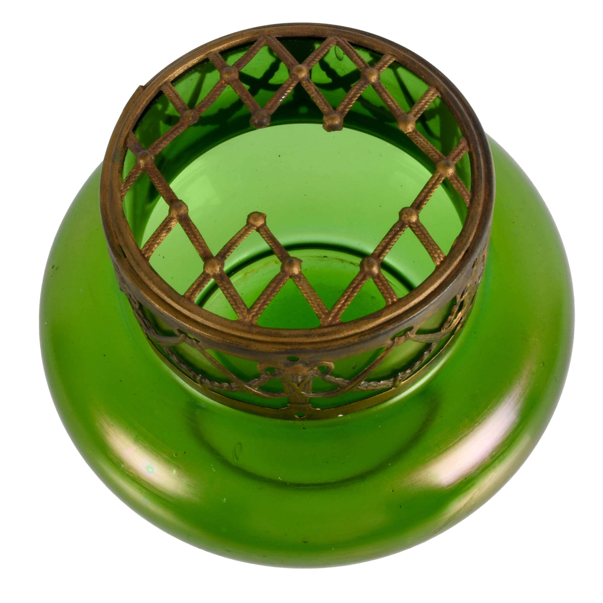 Antique Loetz-Style Iridescent Green Glass Vase with Brass Filigree Collar-4