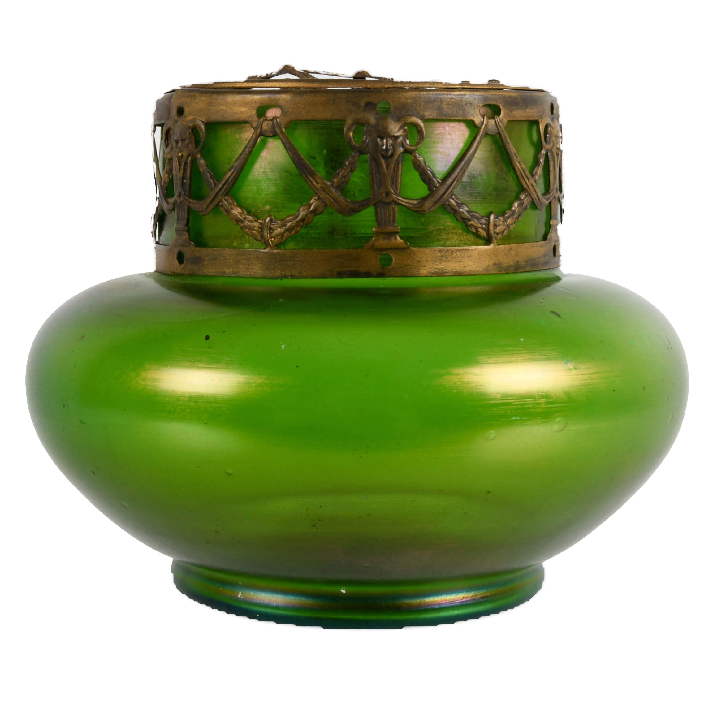 Antique Loetz-Style Iridescent Green Glass Vase with Brass Filigree Collar-3