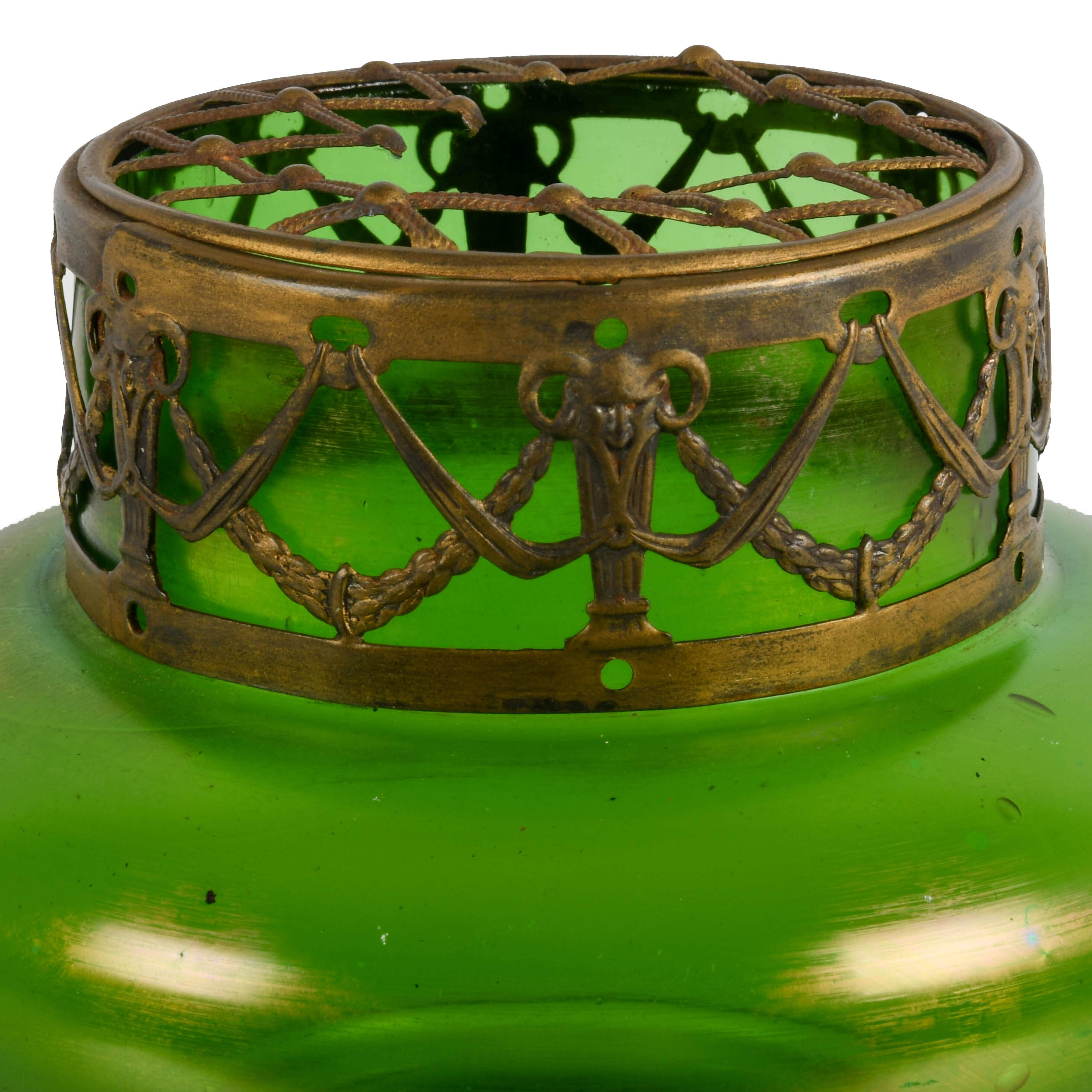 Antique Loetz-Style Iridescent Green Glass Vase with Brass Filigree Collar-2