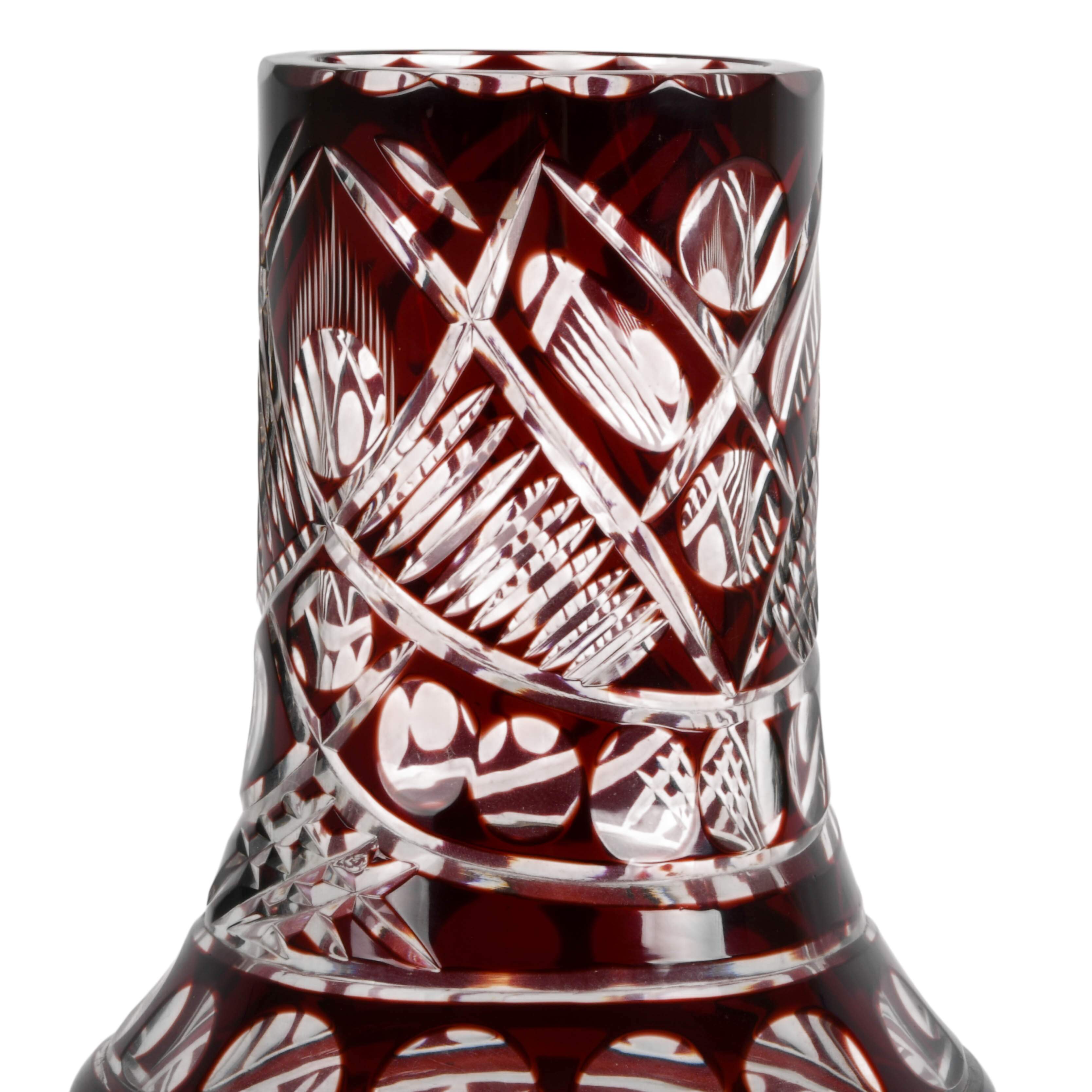 Bohemian Cut to Clear Cranberry Glass Vase-5