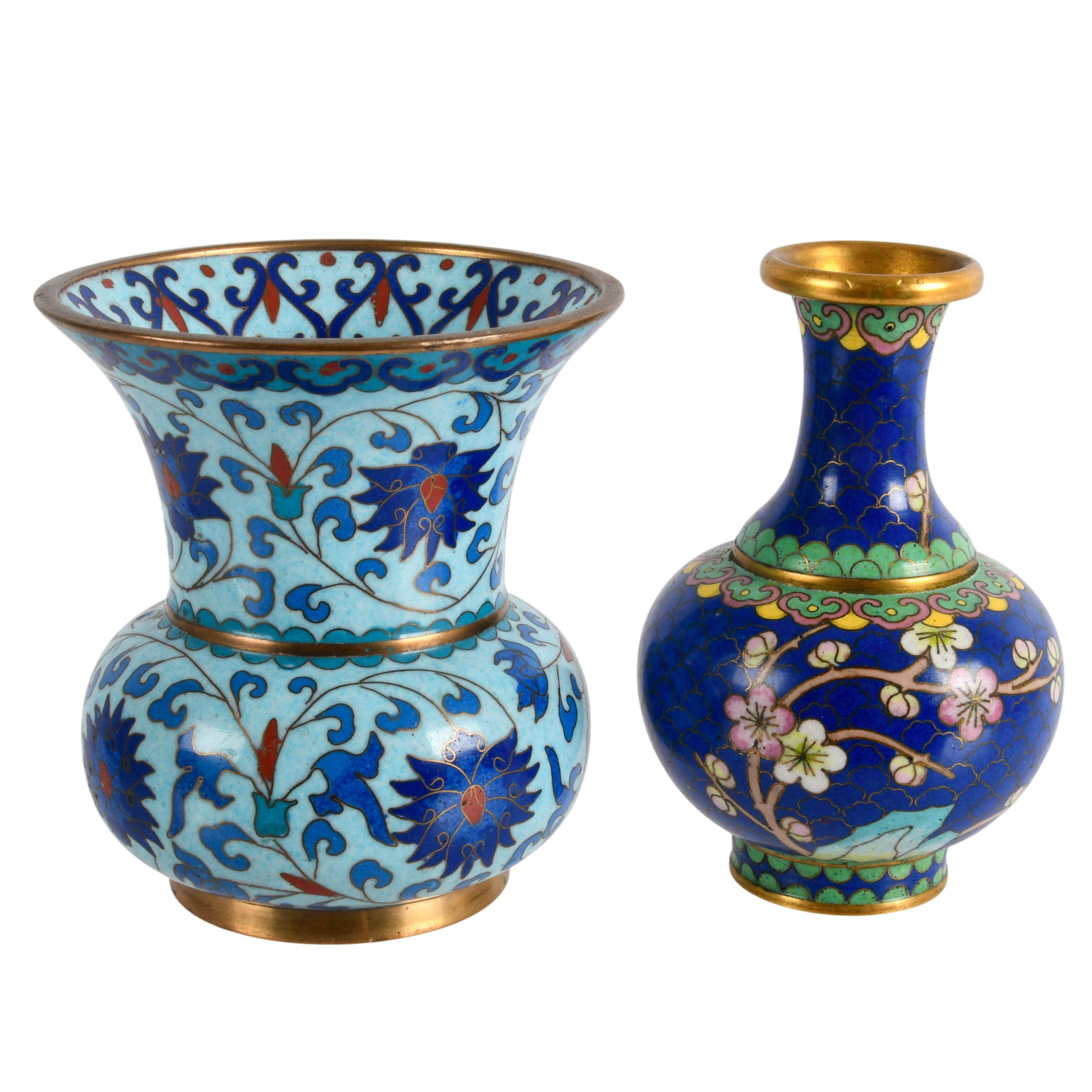 Pair of Chinese Cloisonné Blue Floral Vases-1