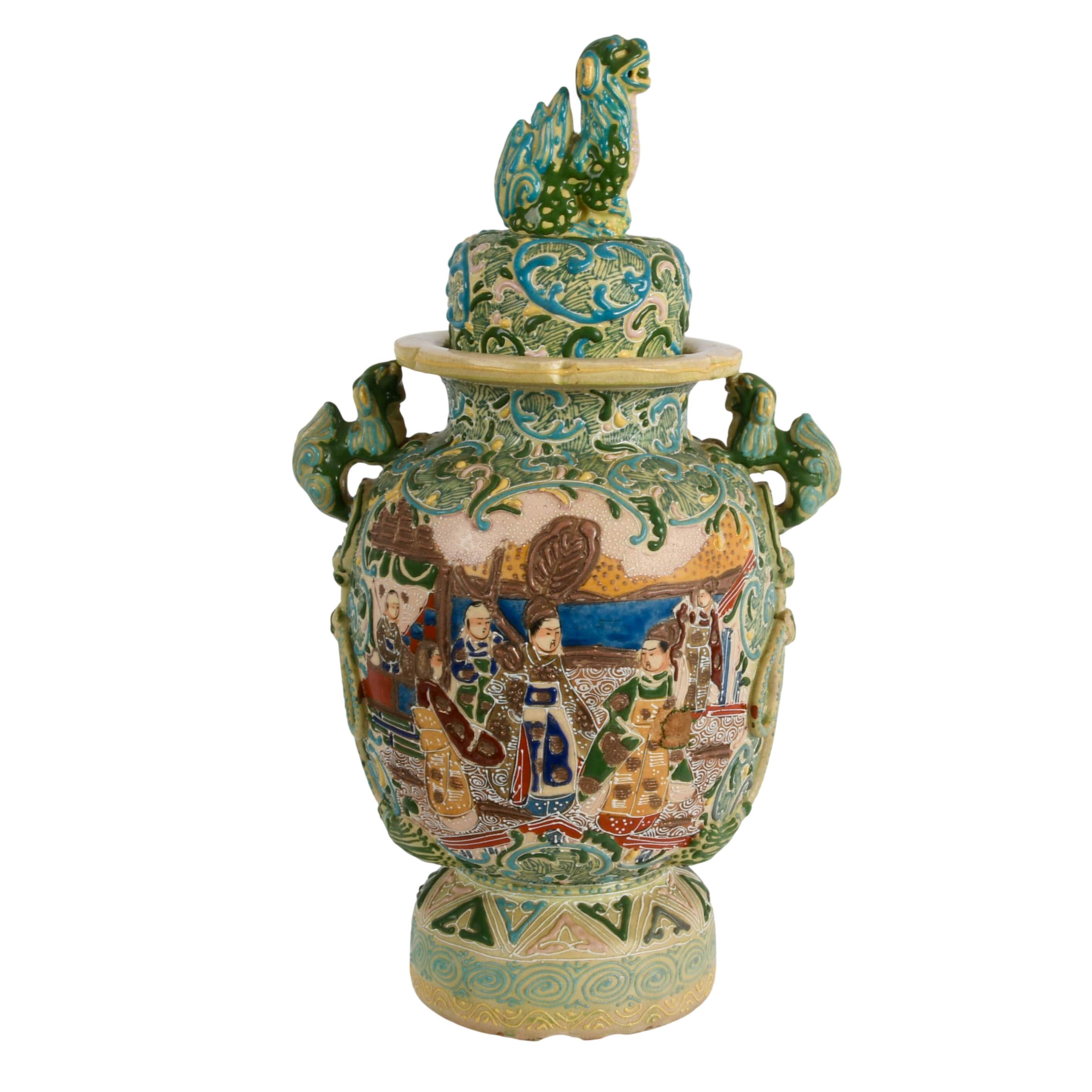 Antique Japanese Carved and Enameled Covered Urn-6