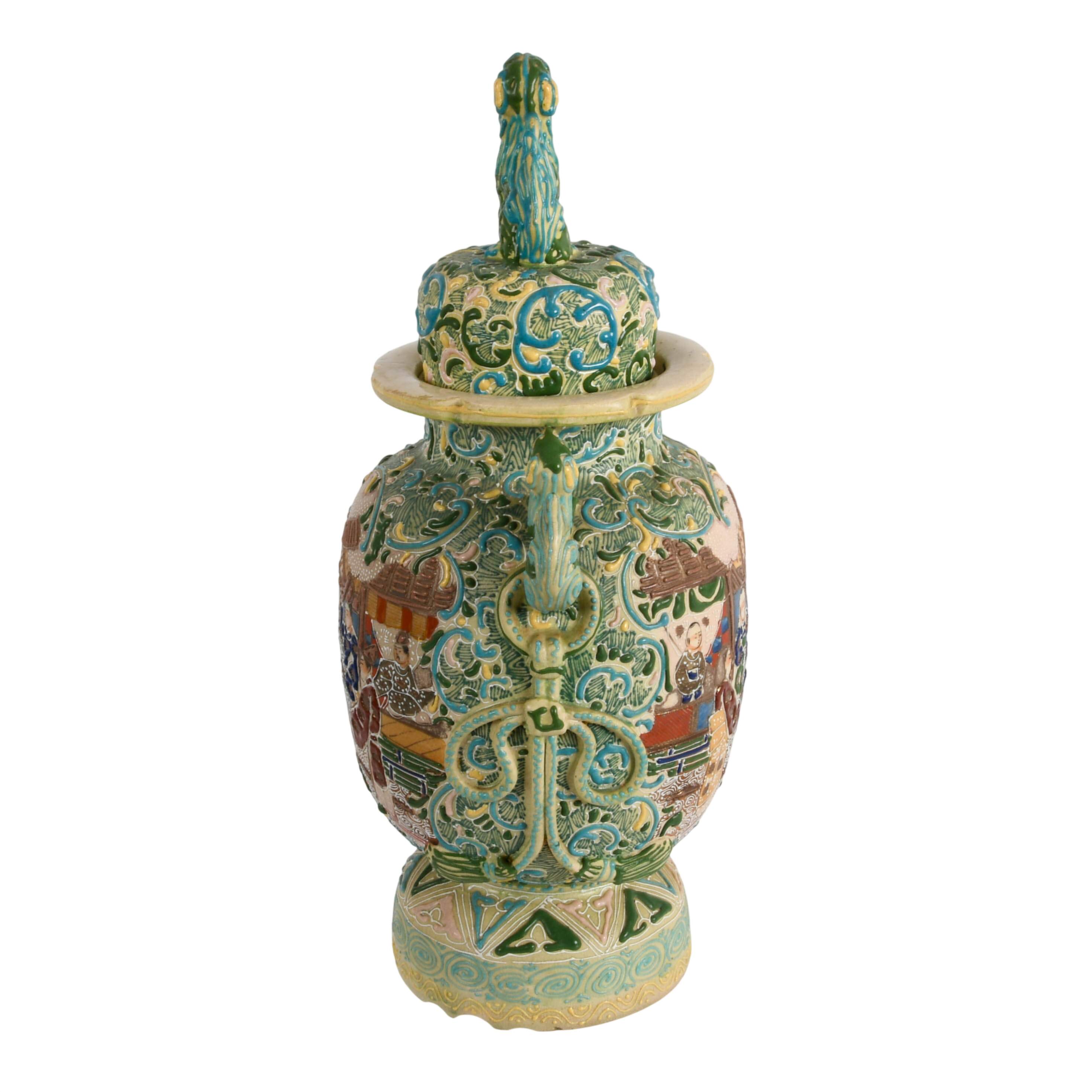 Antique Japanese Carved and Enameled Covered Urn-5