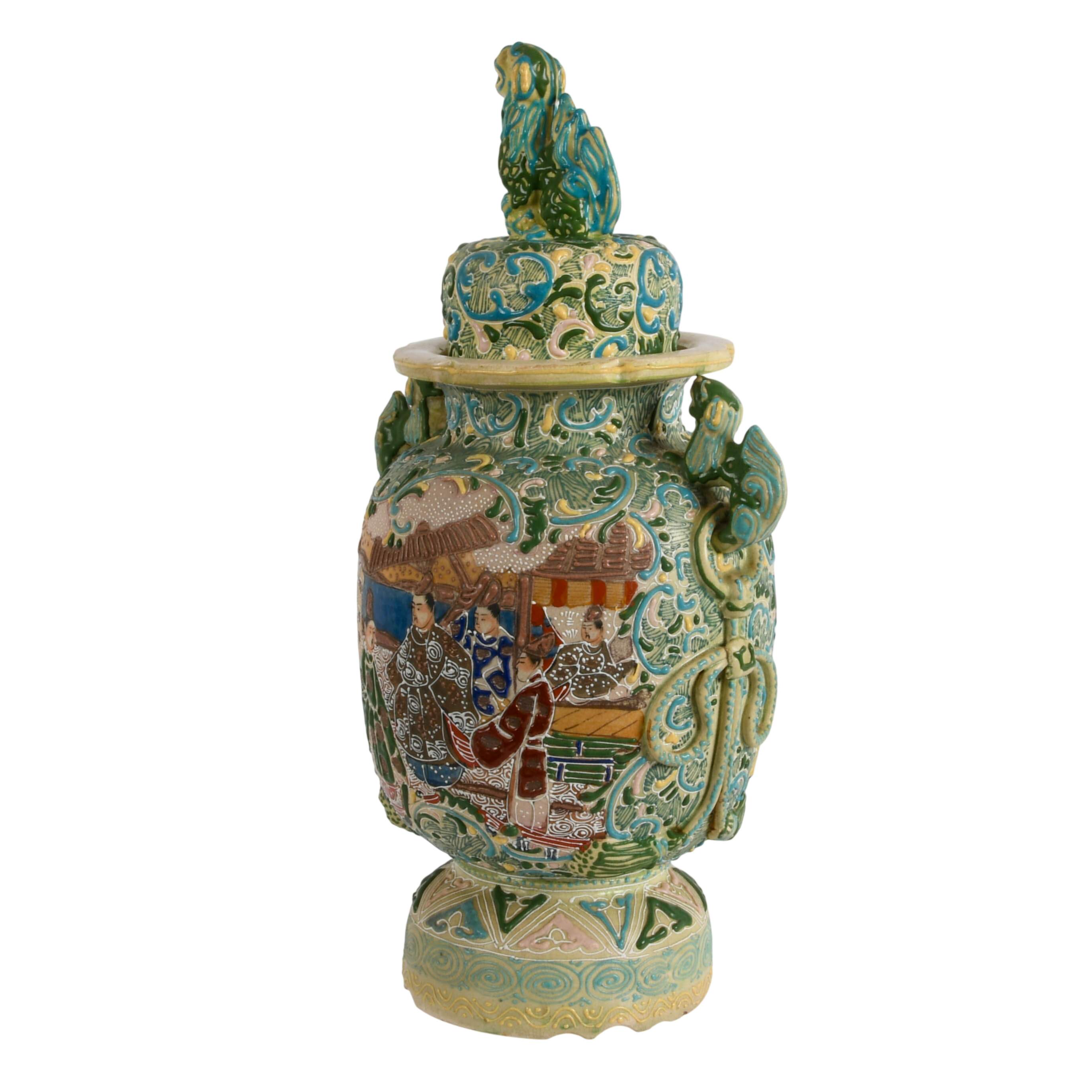 Antique Japanese Carved and Enameled Covered Urn-4