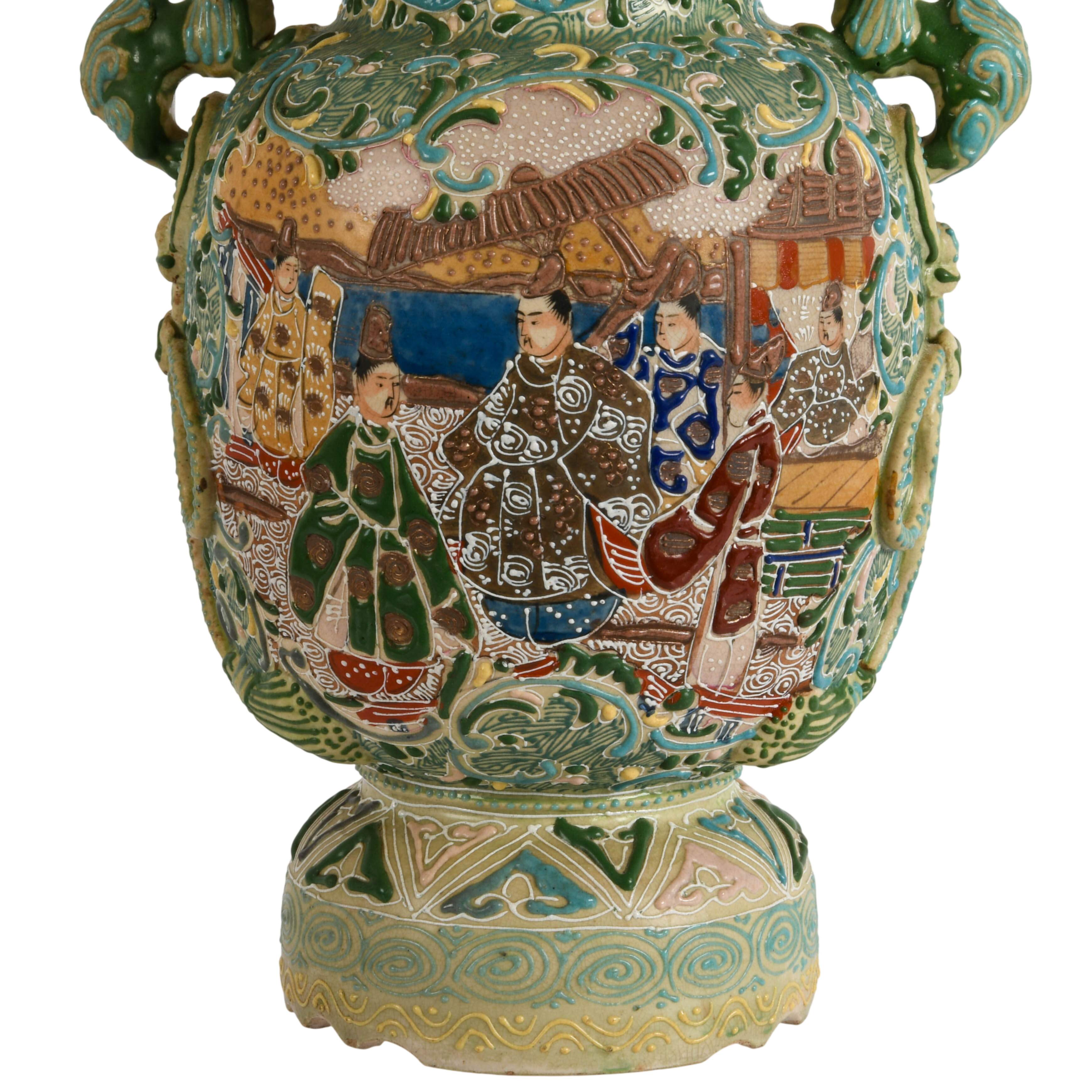 Antique Japanese Carved and Enameled Covered Urn-3